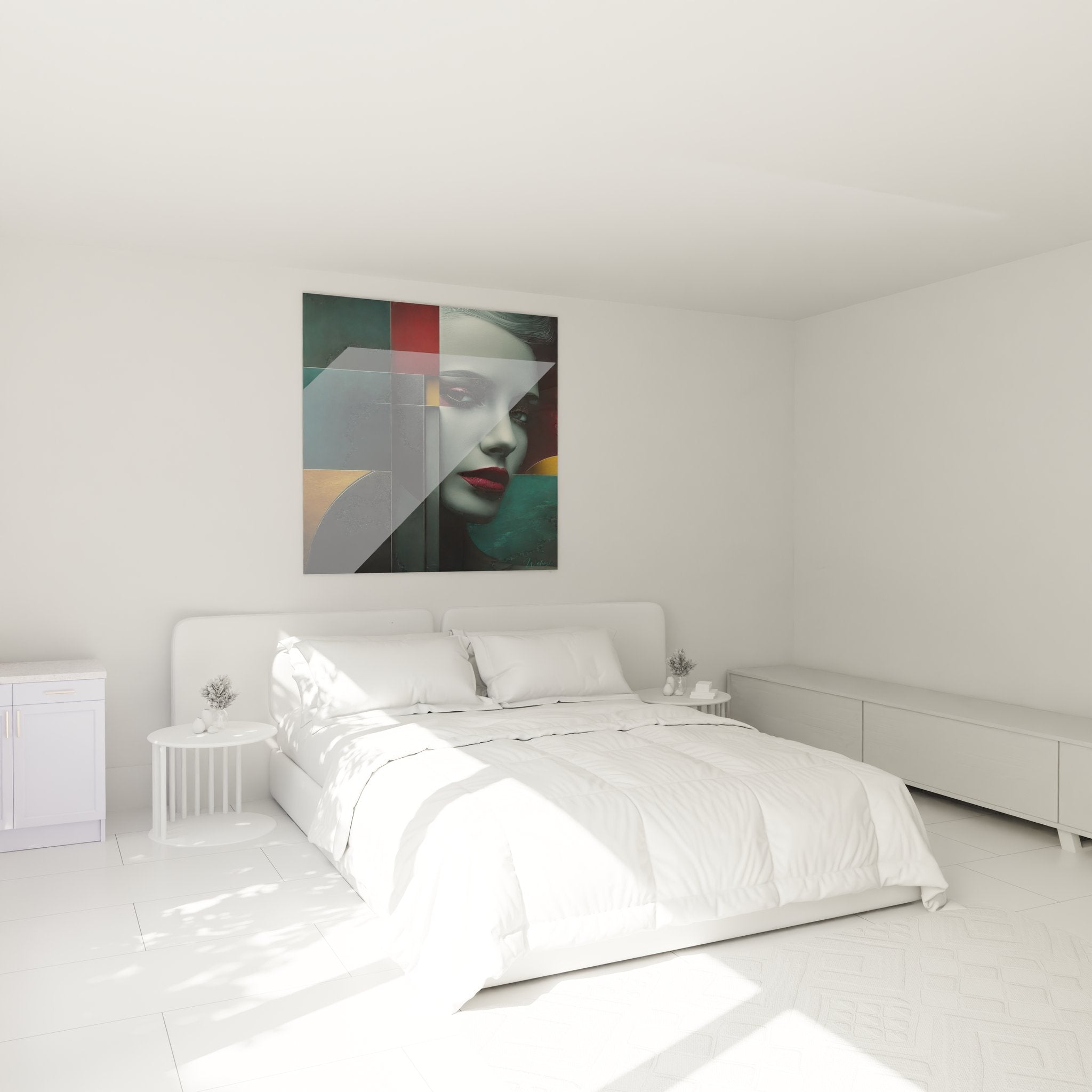 Ambiance chambre avec tableau portrait géométrique féminin aux couleurs vives décoration murale moderne
