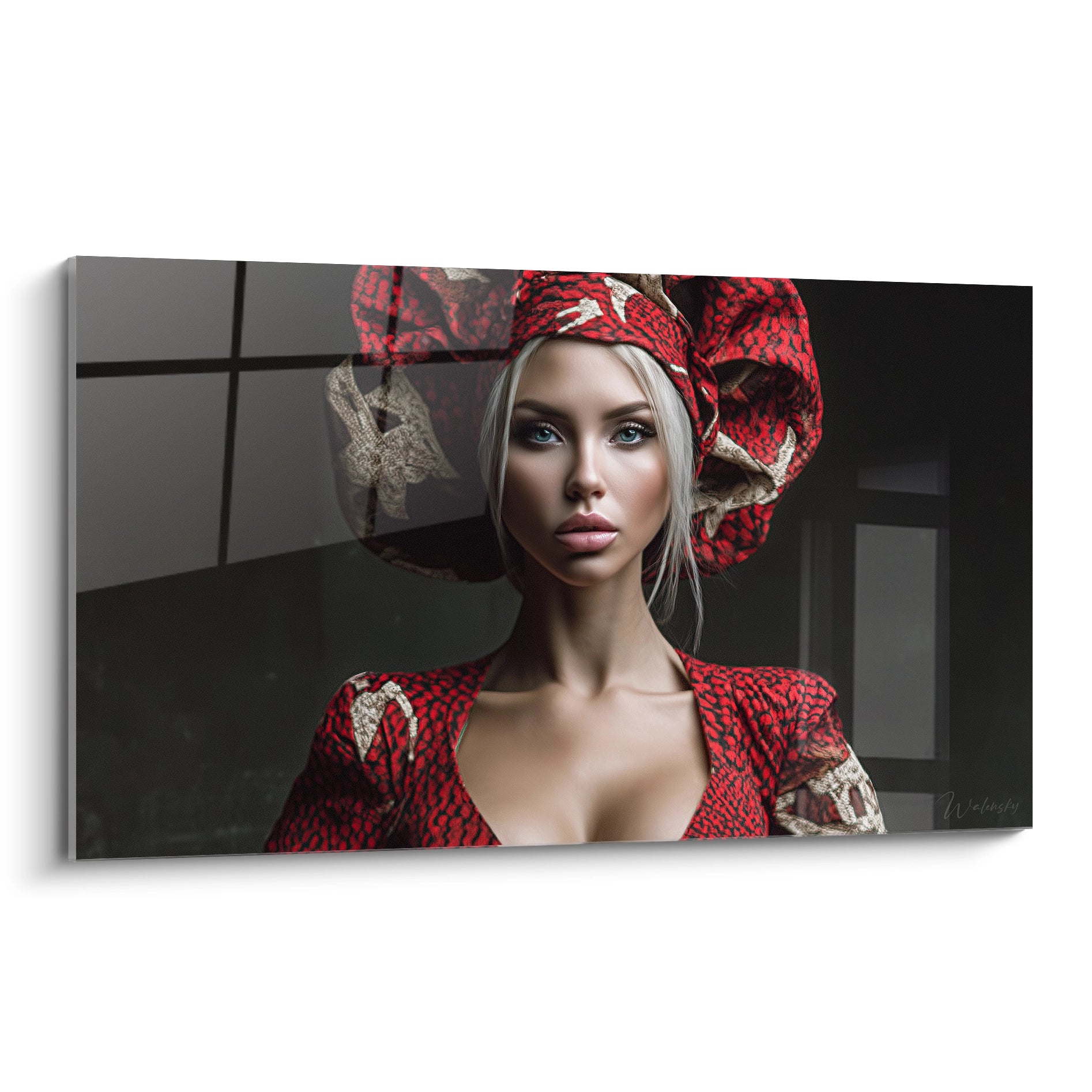 Tableau mural portrait glamour luxe de femme avec un joli chapeau rouge et une tenue élégante