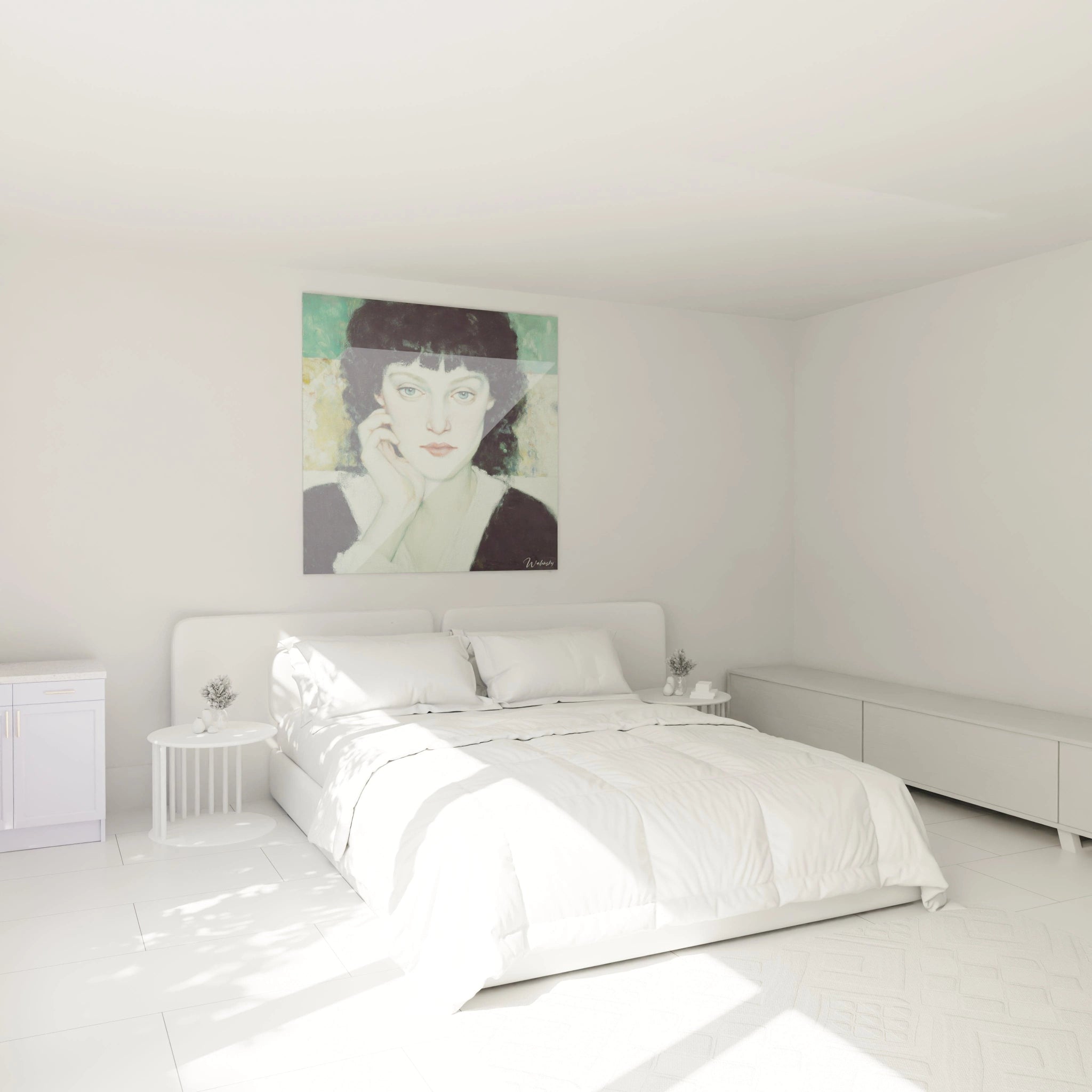 tableau portrait symboliste de femme vert accroché au dessus d'un lit blanc minimaliste lumineux