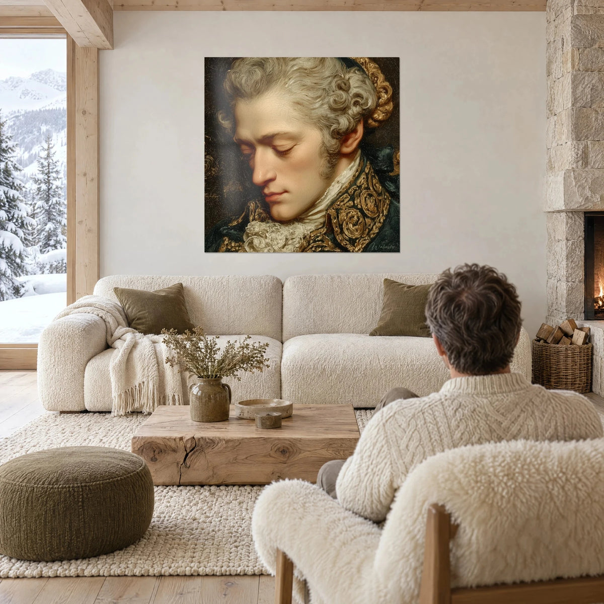 Gemälde junger gepuderter Adliger mit geschlossenen Augen, graue Locken und grüne, golddurchwirkte Jacke, über einem Sofa in einem hellen Wohnzimmer