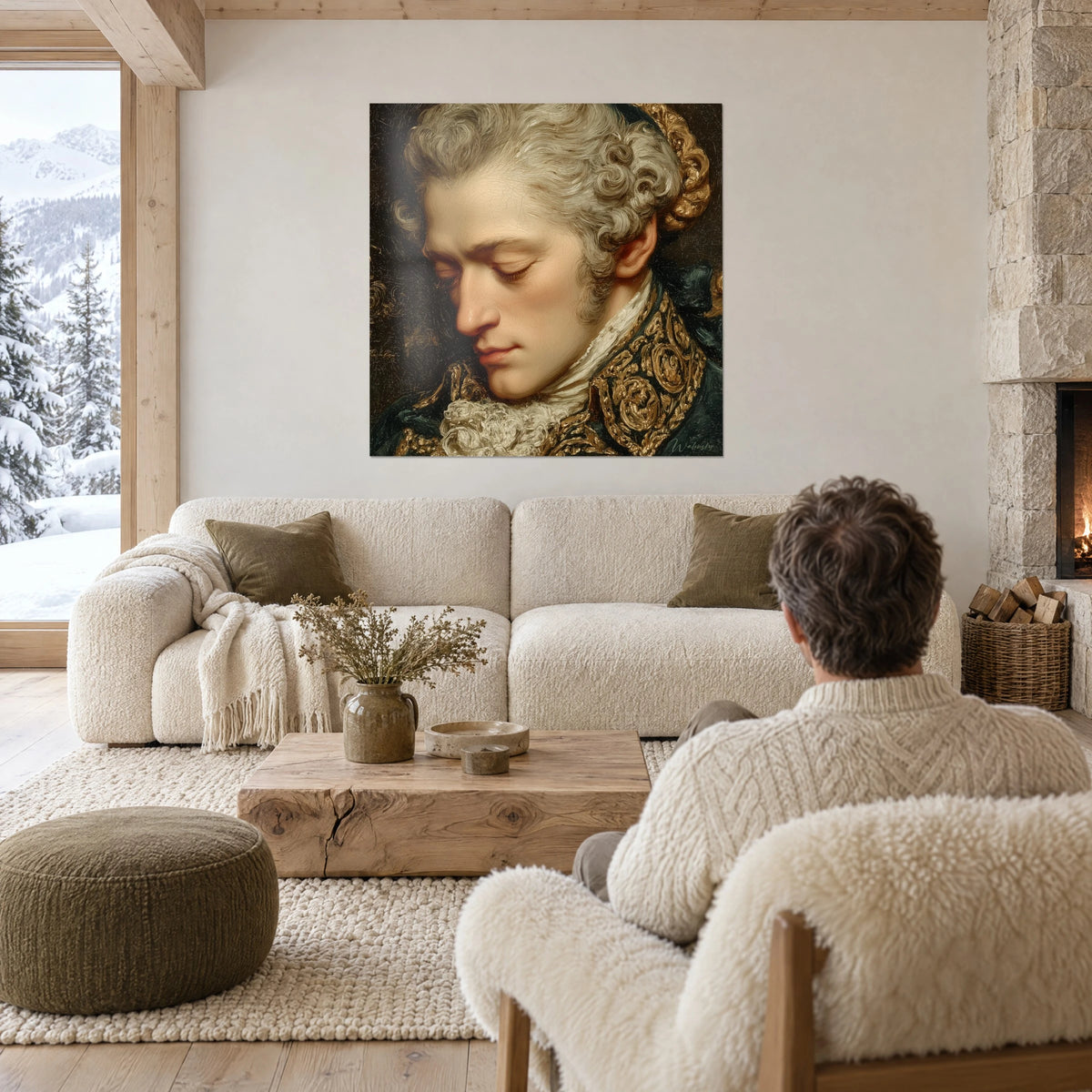 Cuadro joven noble empolvado con los ojos cerrados, rizos grises y chaqueta verde bordada en oro, sobre un sofá en un salón luminoso