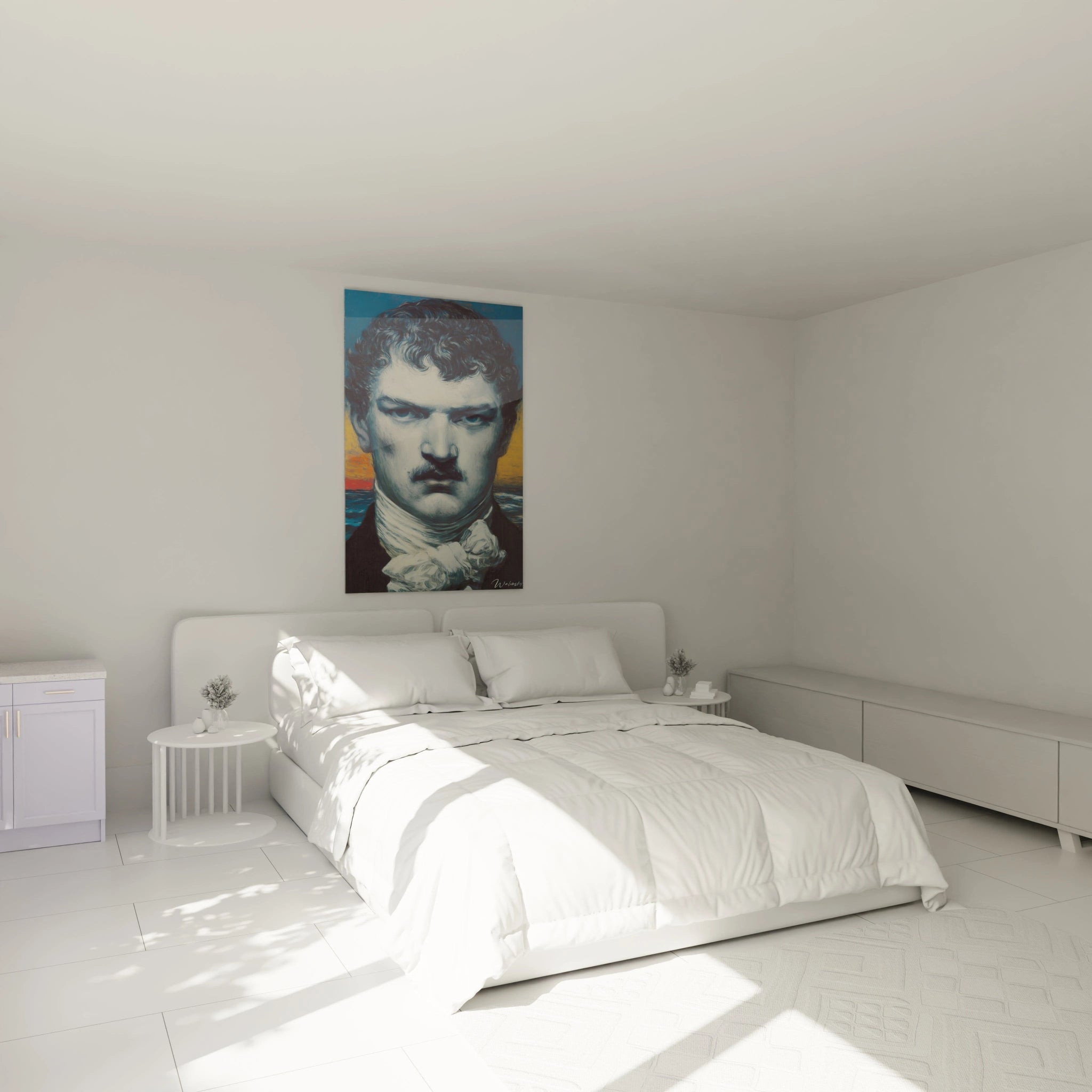 tableau portrait préraphaélite Walensky accroché au dessus d un lit dans une chambre minimaliste blanche