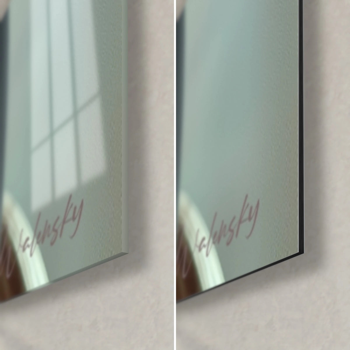 Schilderij vrouw met zwarte hoed, rechtsonder: glanzend acrylglas links, mat Dibond-aluminium rechts, zwarte rand van 3 mm