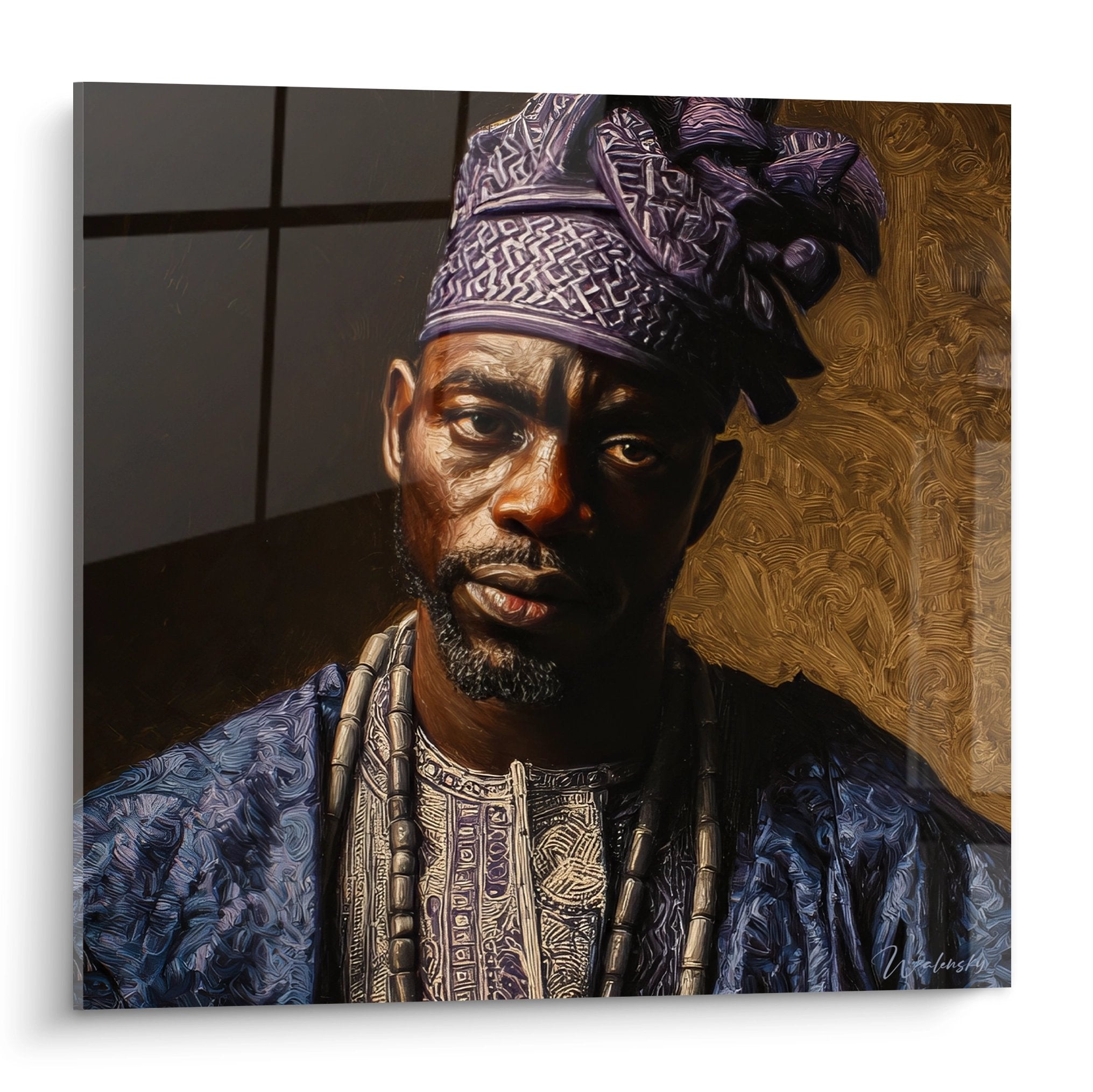 Tableau portrait homme africain en tenue traditionnelle avec gele violet et tunique brodée bleue