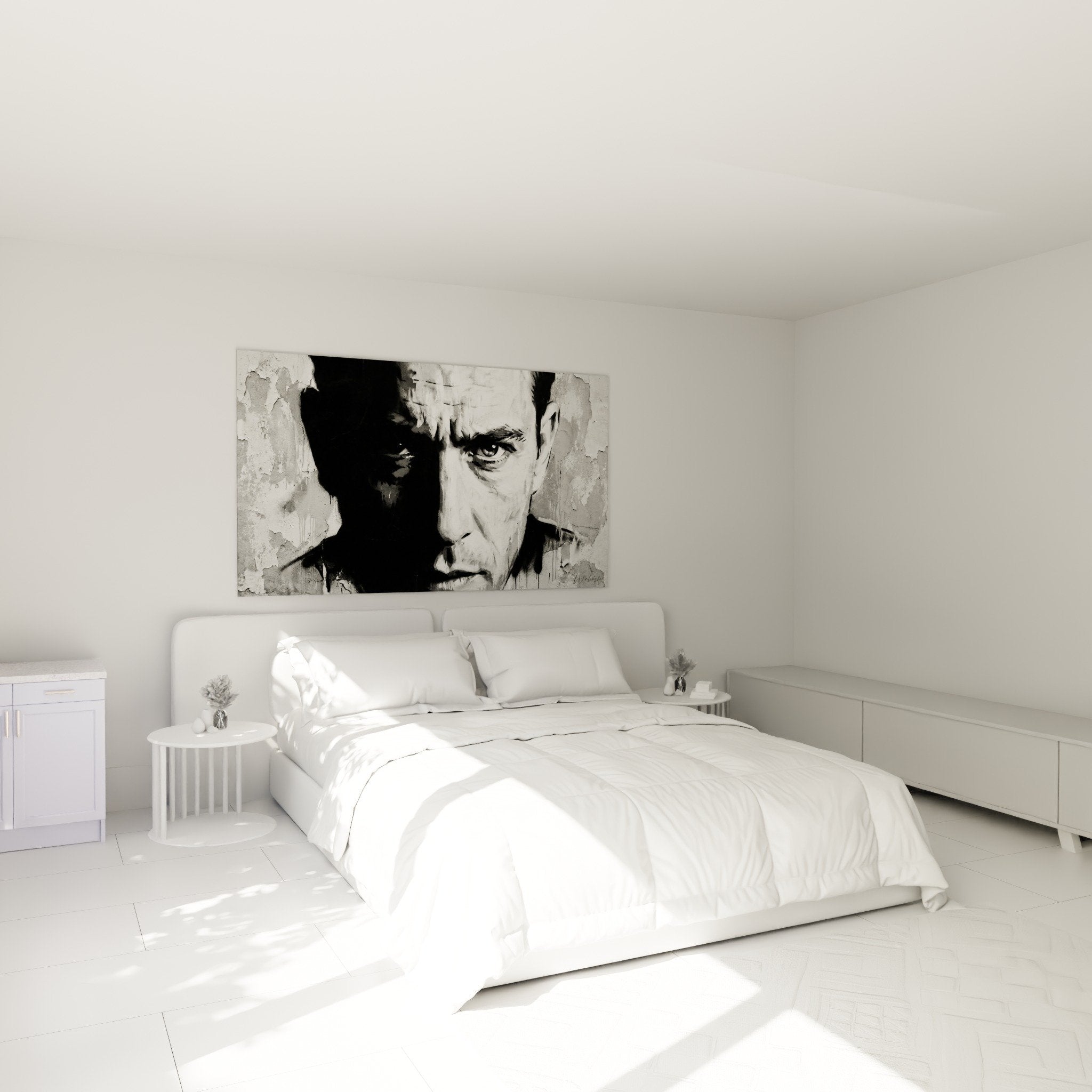 Tableau portrait homme noir blanc dans chambre moderne decoration murale artistique urbaine