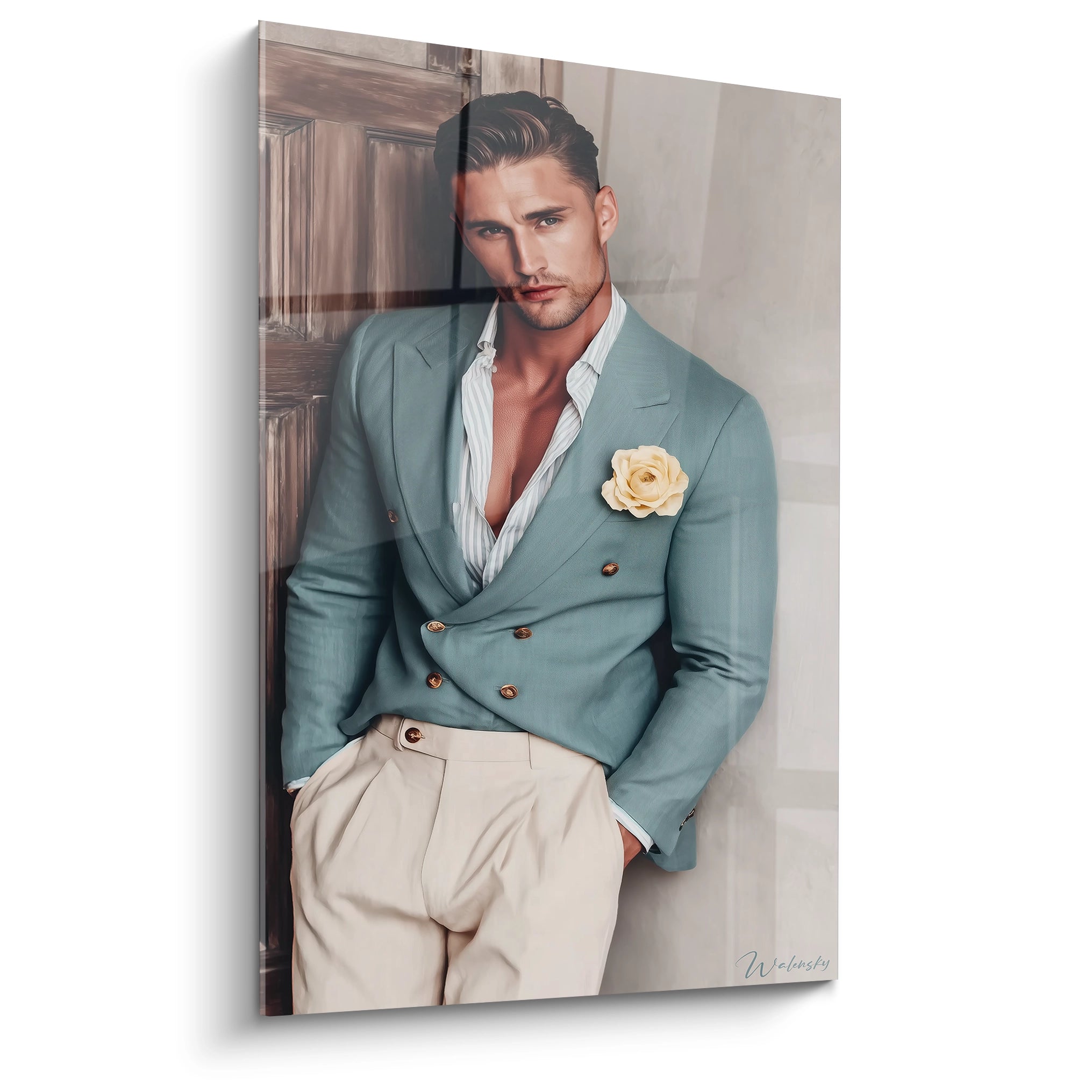 Tableau portrait homme chic avec un vêtement élégant et une rose sur la veste