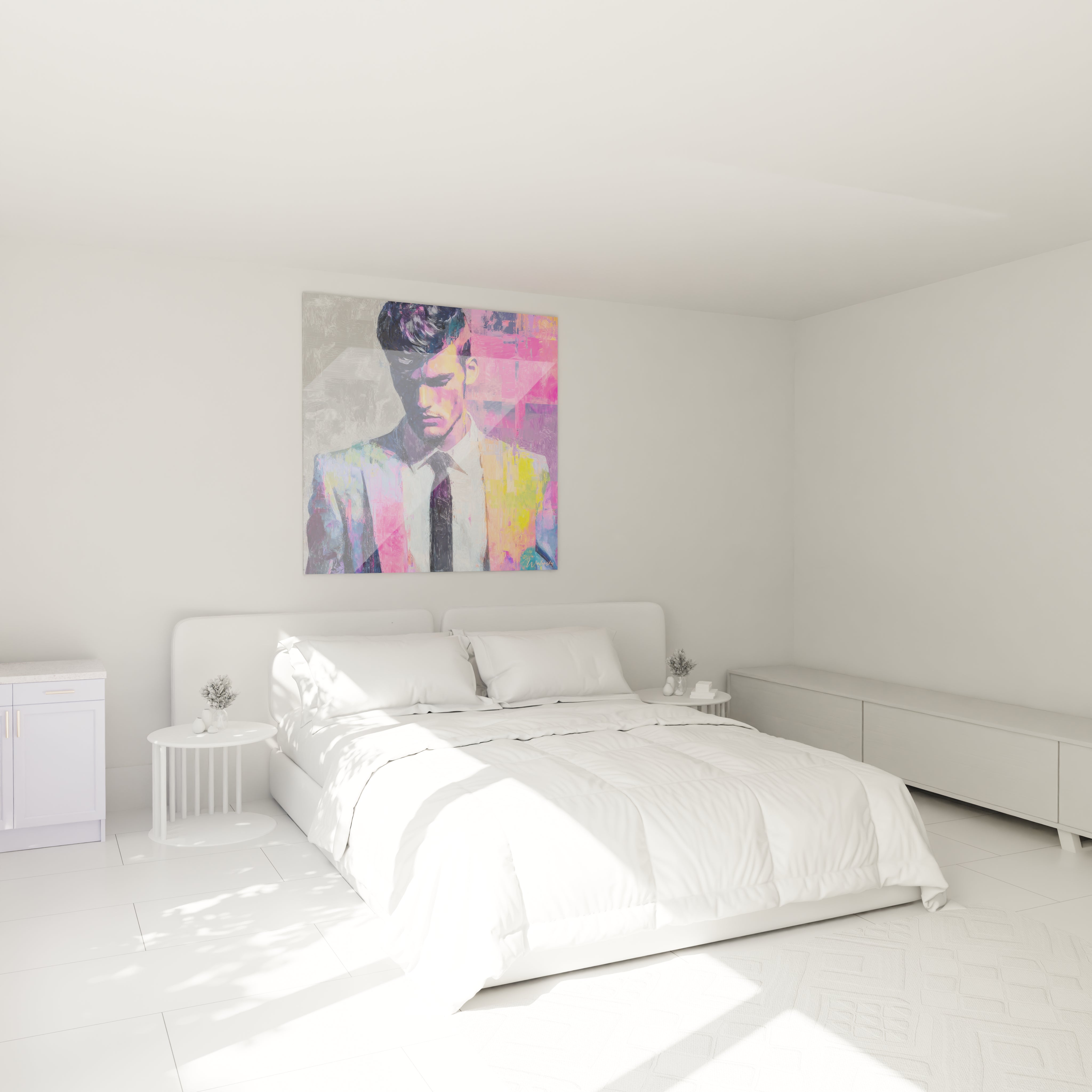 Tableau portrait homme pop art de Walensky dans une chambre moderne avec lit blanc