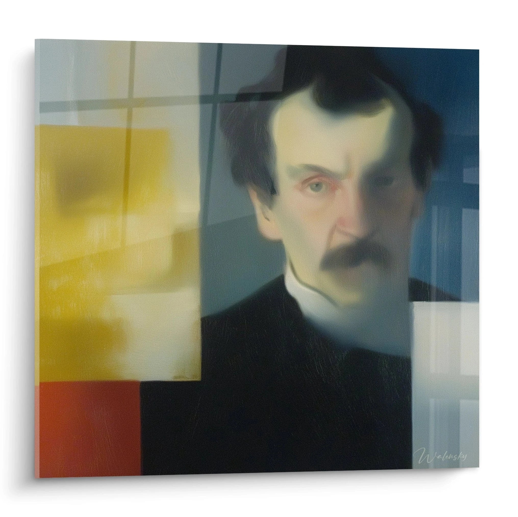 tableau portrait flou dadaïsme Walensky peinture murale portrait moustachu flouté avec blocs de couleurs