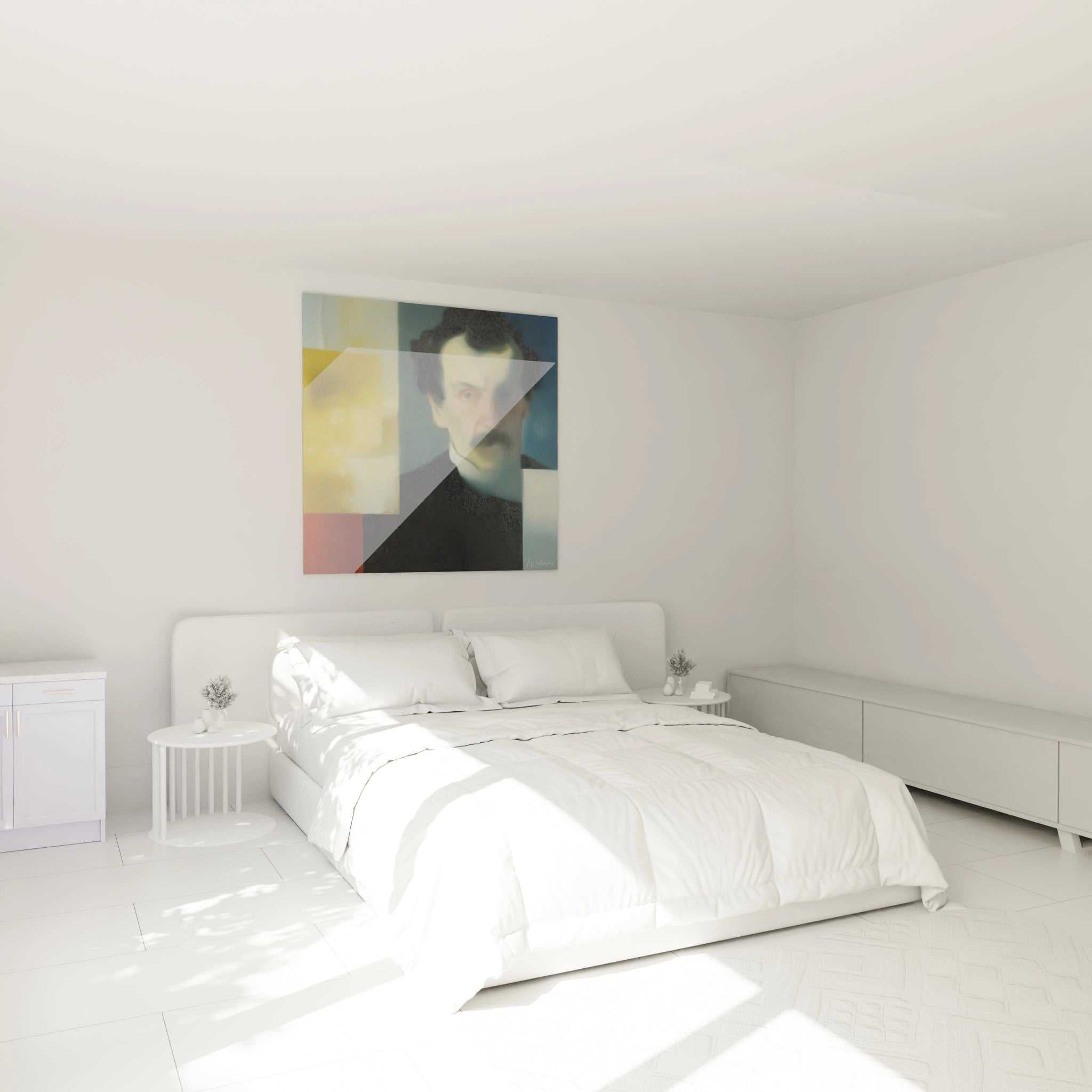 tableau portrait flou dadaïsme Walensky accroché au dessus d un lit blanc dans une chambre minimaliste lumineuse