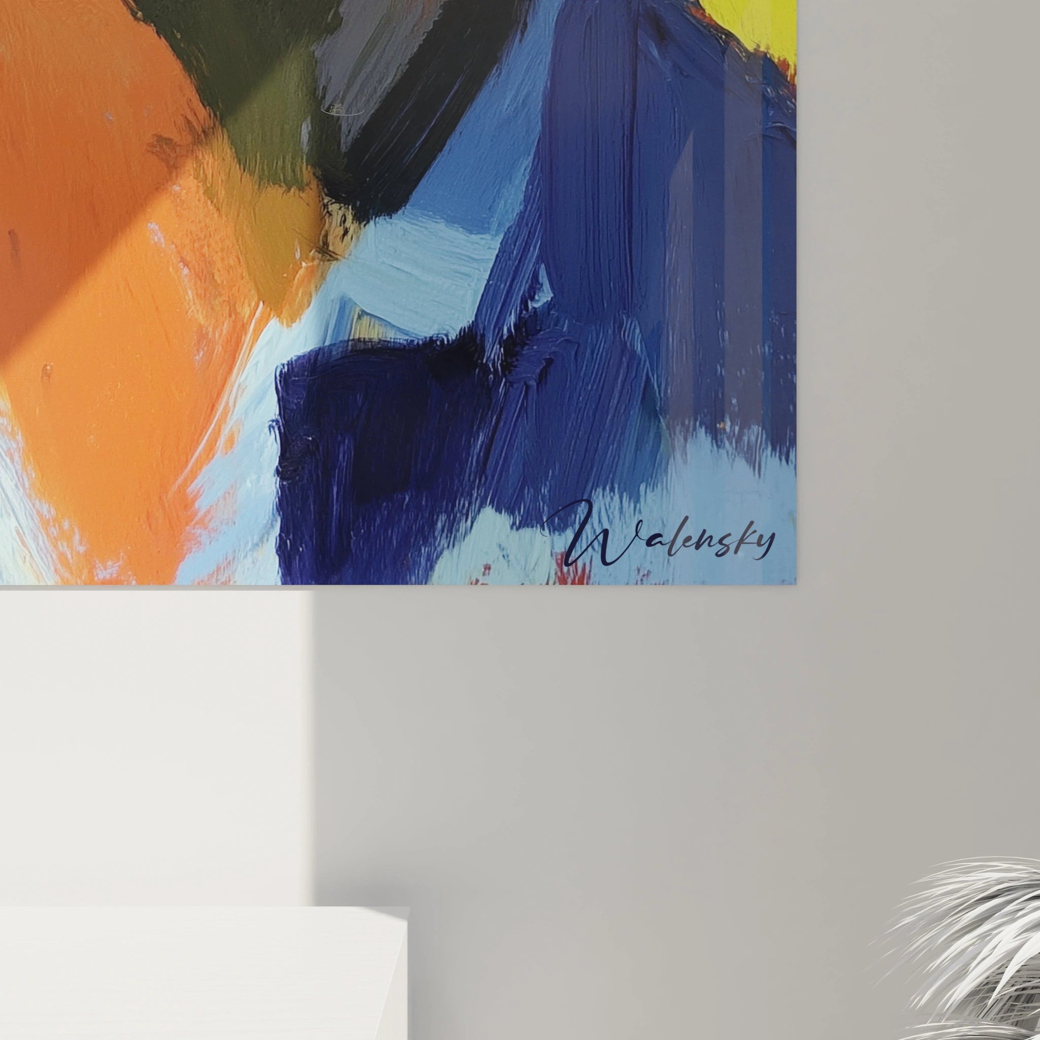 Tableau mural Walensky coloré coin abstrait avec signature huiles orange et bleu accents verts tableau portrait impressionnisme