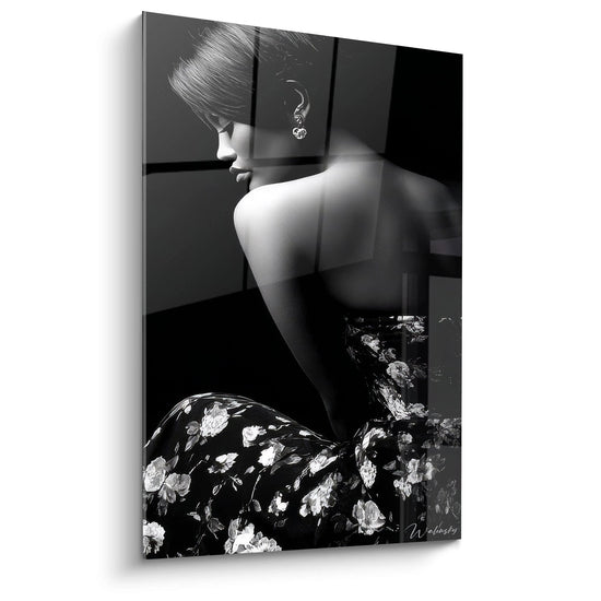 Black and white portrait painting of woman in floral dress with modern artistic effect