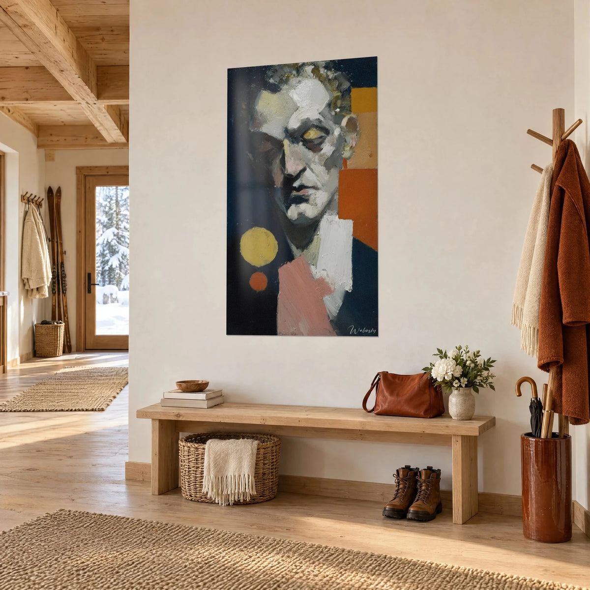 Wall art bust with half-closed eyes, grey and pink brushstrokes, orange block, in a chalet entrance in three-quarter view
