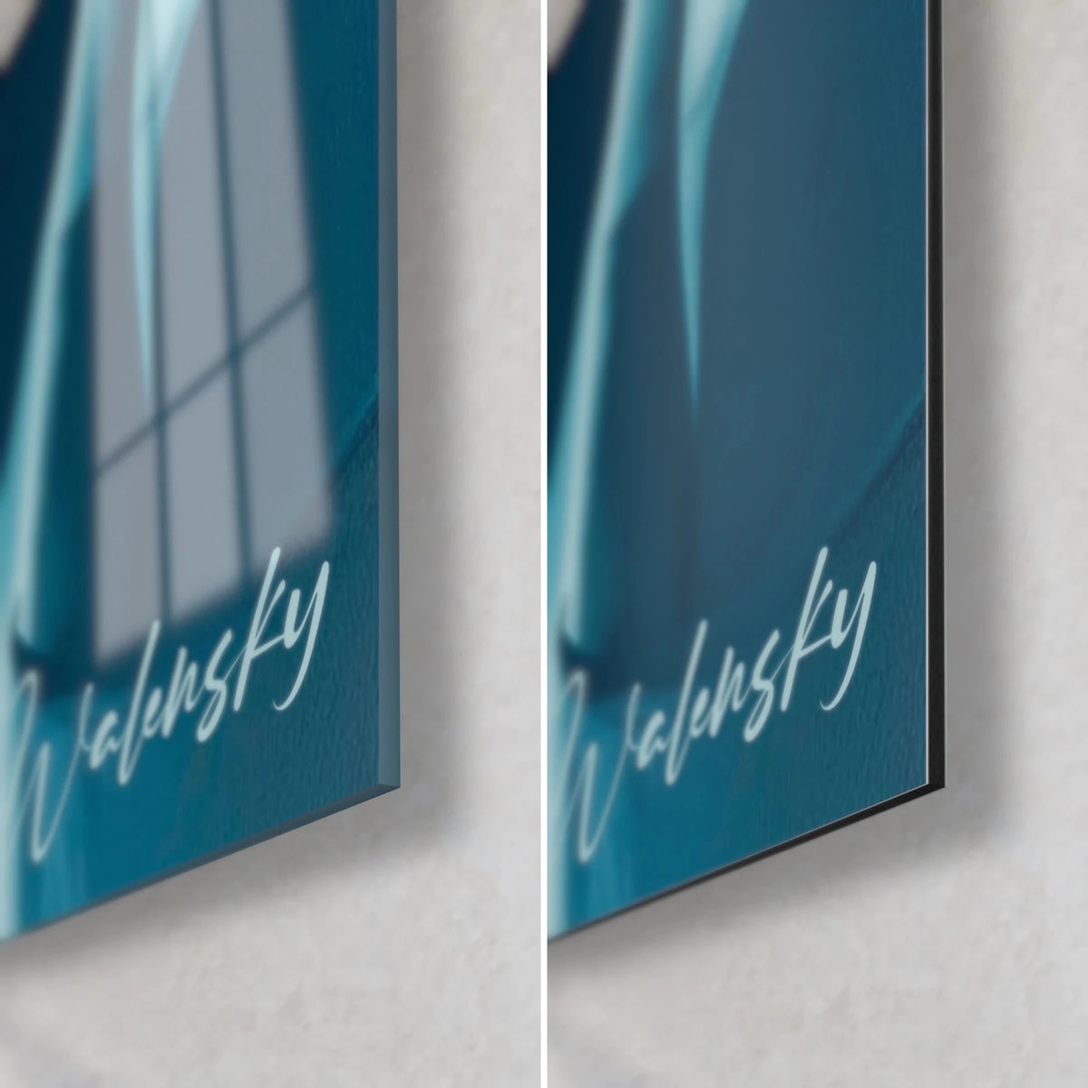 Tableau homme à la chemise bleu pétrole, signature Walensky, coin bas droit : verre acrylique brillant et Dibond gris mat, tranche 3 mm