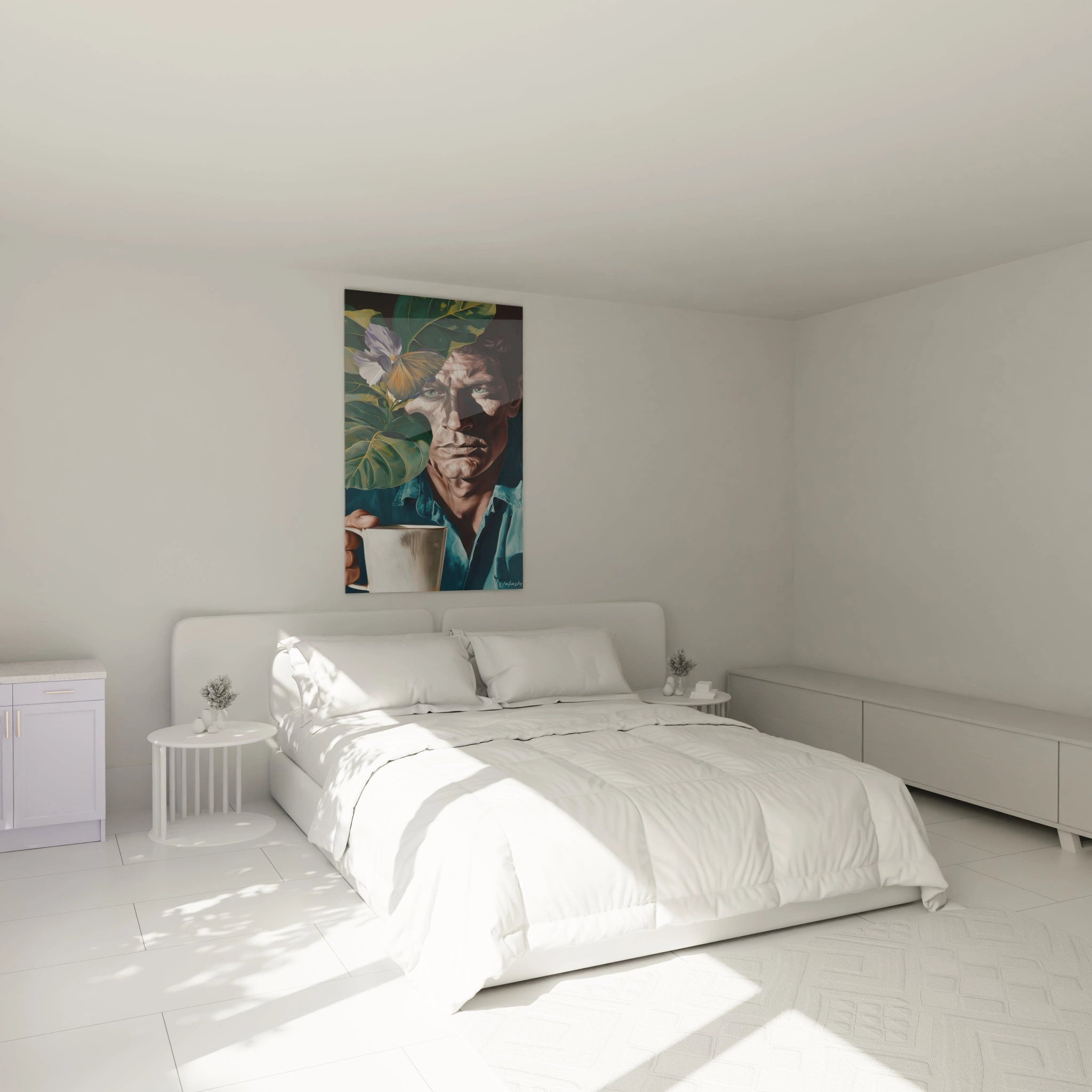 tableau portrait hyperréalisme Walensky accroché au dessus d un lit blanc minimaliste dans une chambre lumineuse