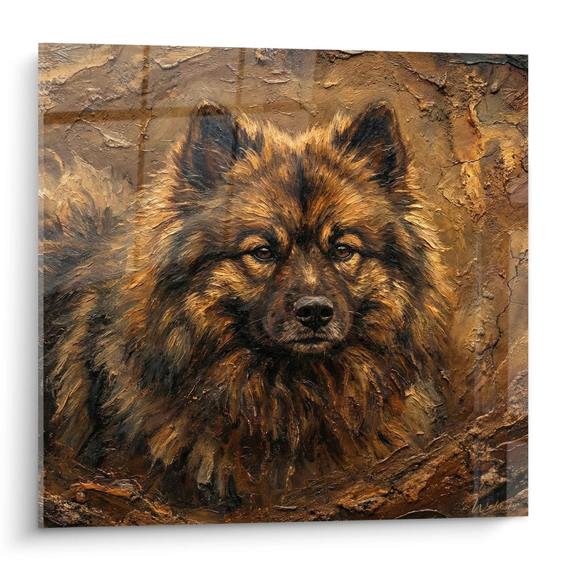 Keeshond-Porträtgemälde mit kupferfarbenen Reflexionen auf erdbeigem Hintergrund - Kanine Majestät - Keeshond-Edition