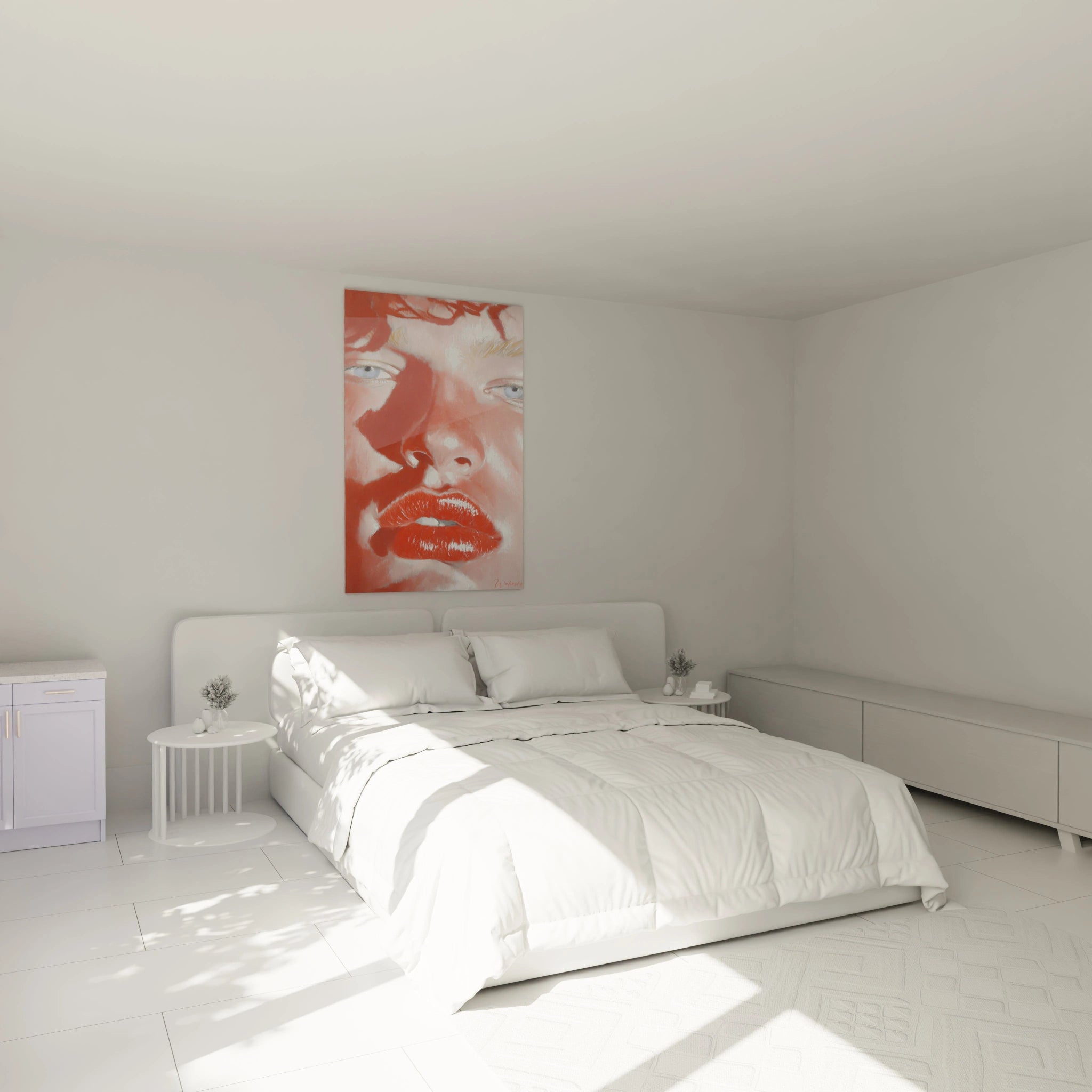 Tableau mural Walensky tableau portrait hyperréaliste grand visage rouge accroché au dessus d'un lit blanc minimaliste