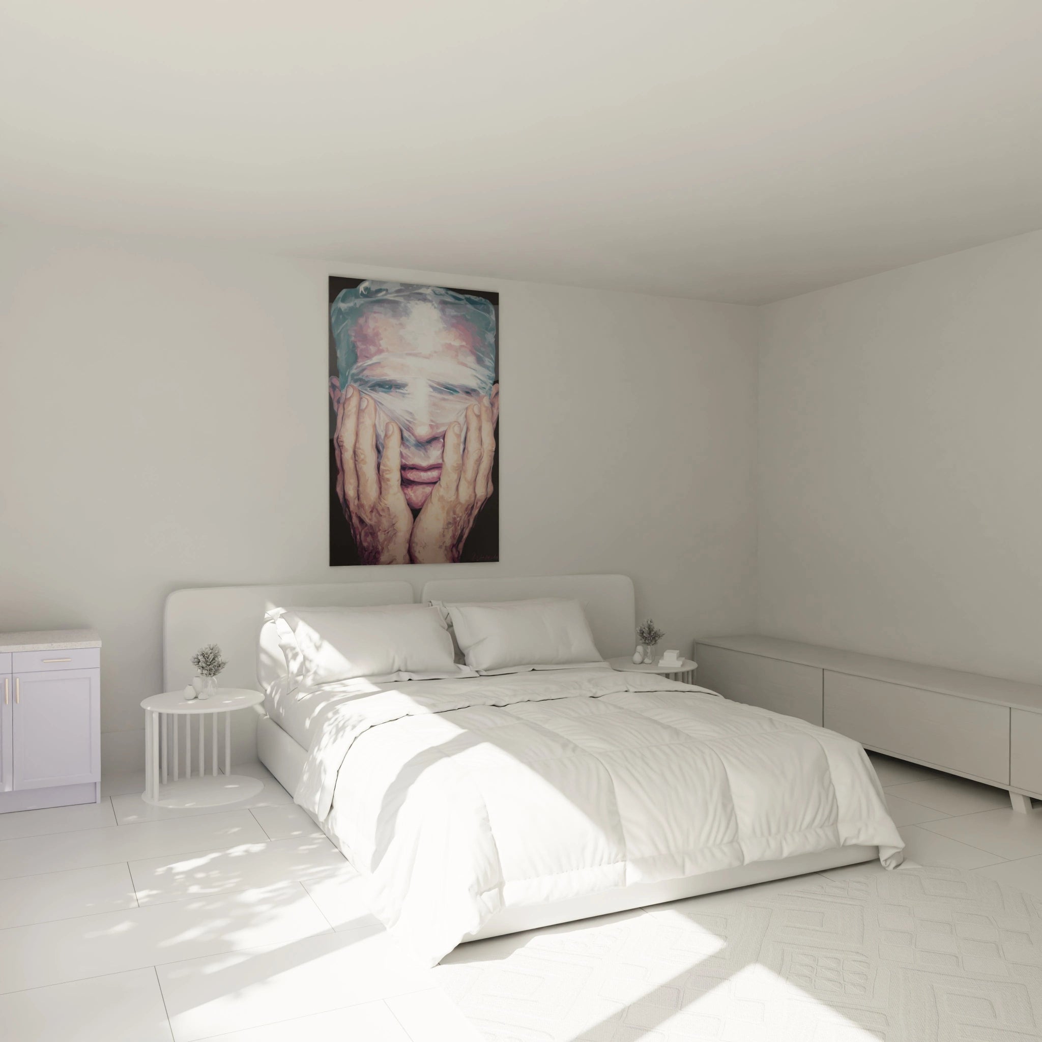tableau portrait hyperréaliste Walensky accroche au dessus d un lit blanc minimaliste dans une chambre lumineuse