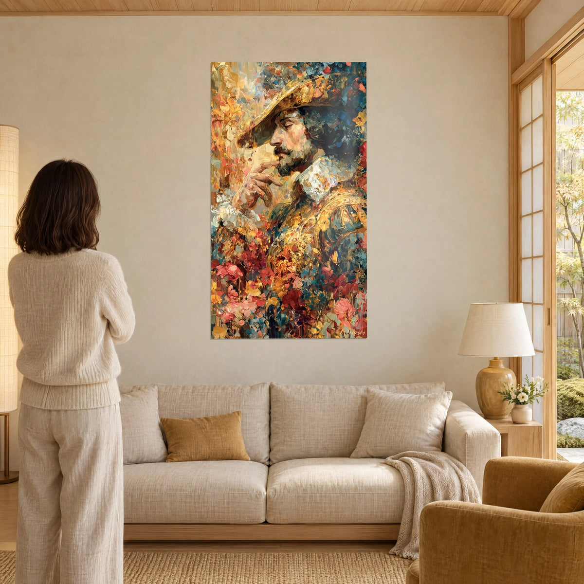 Wall art gentleman with gilded hat, hand on lips, ochre and turquoise touches, above a sofa in a bright living room