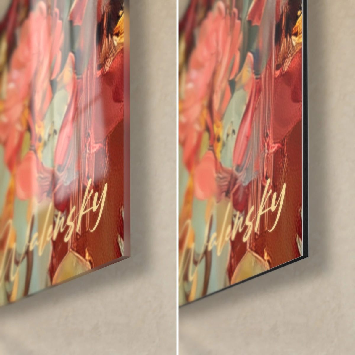 Wall art thoughtful thinker with lace ruff, lower right corner with pink and red petals, shiny glass on the left, matte Dibond on the right