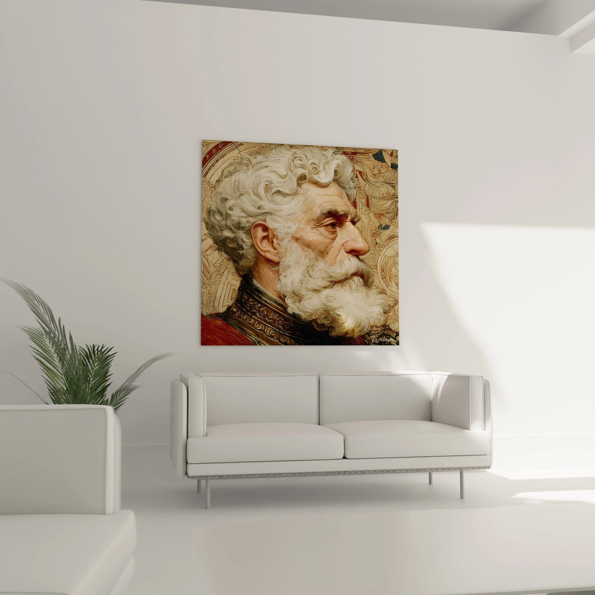 tableau portrait Alexandre le Grand Walensky accroché au mur au dessus d un canapé blanc portrait d homme barbu de profil
