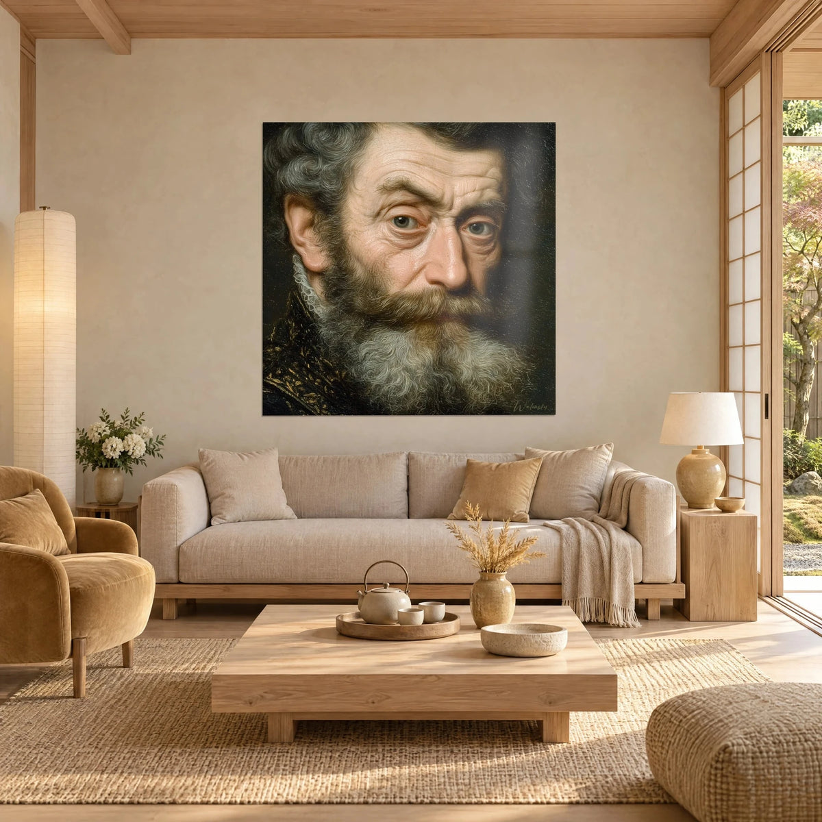 Gemälde Porträt eines alten bärtigen Mannes mit grauen Augen, weißer Spitzenkragen und schwarzer, goldbestickter Wams, über einem Sofa in einem hellen Wohnzimmer