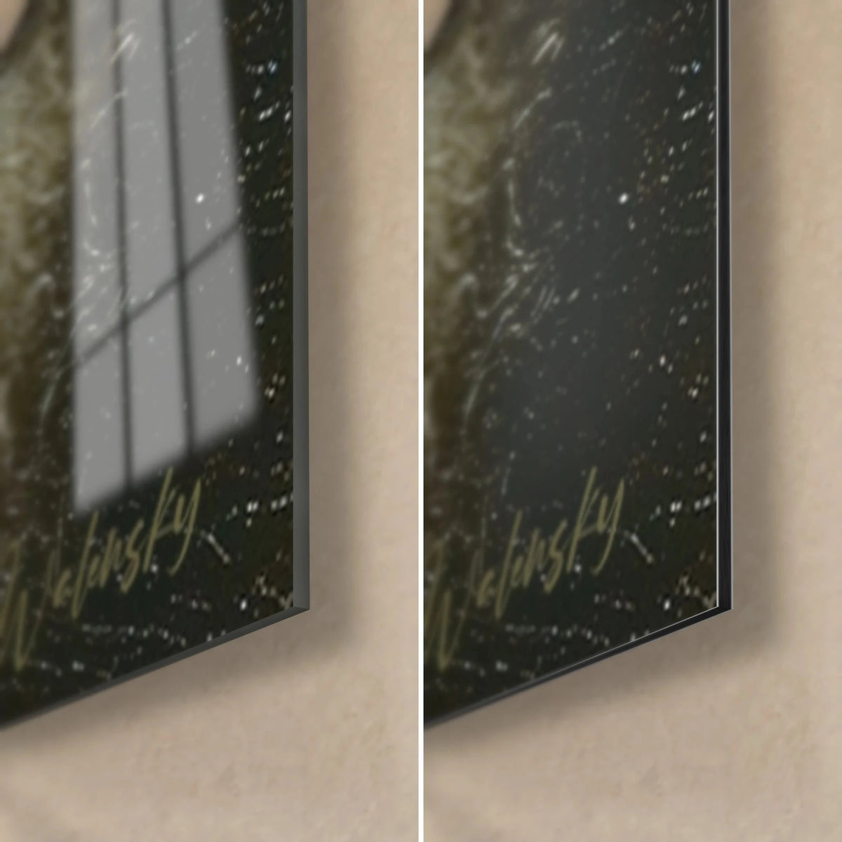 Gemälde bärtiger Meister mit elfenbeinfarbener Haut, untere rechte Ecke: glänzendes Acrylglas, das das Fenster spiegelt, mattes Dibond-Alu, 3 mm Kante