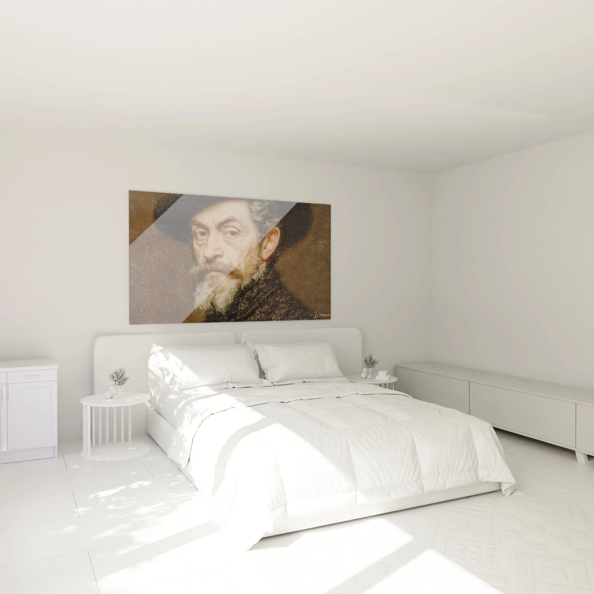 Walensky tableau portrait maître penseur accroché au dessus du lit dans chambre blanche minimaliste