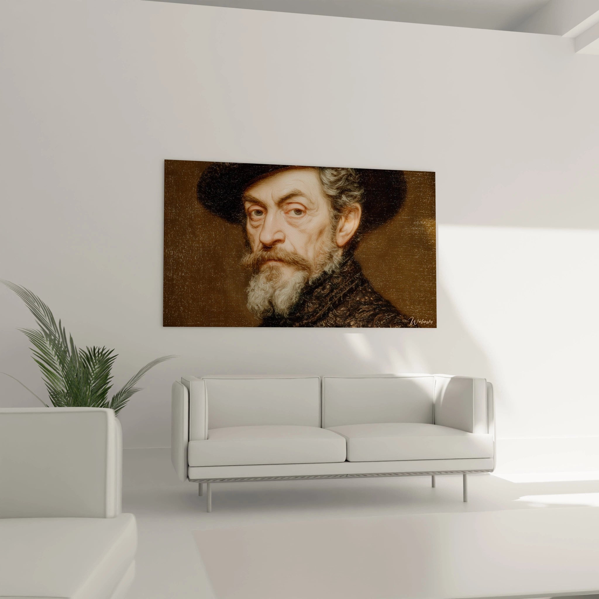 tableau portrait maître penseur Walensky montrant un homme barbu en chapeau au dessus d un canapé blanc dans un salon minimaliste
