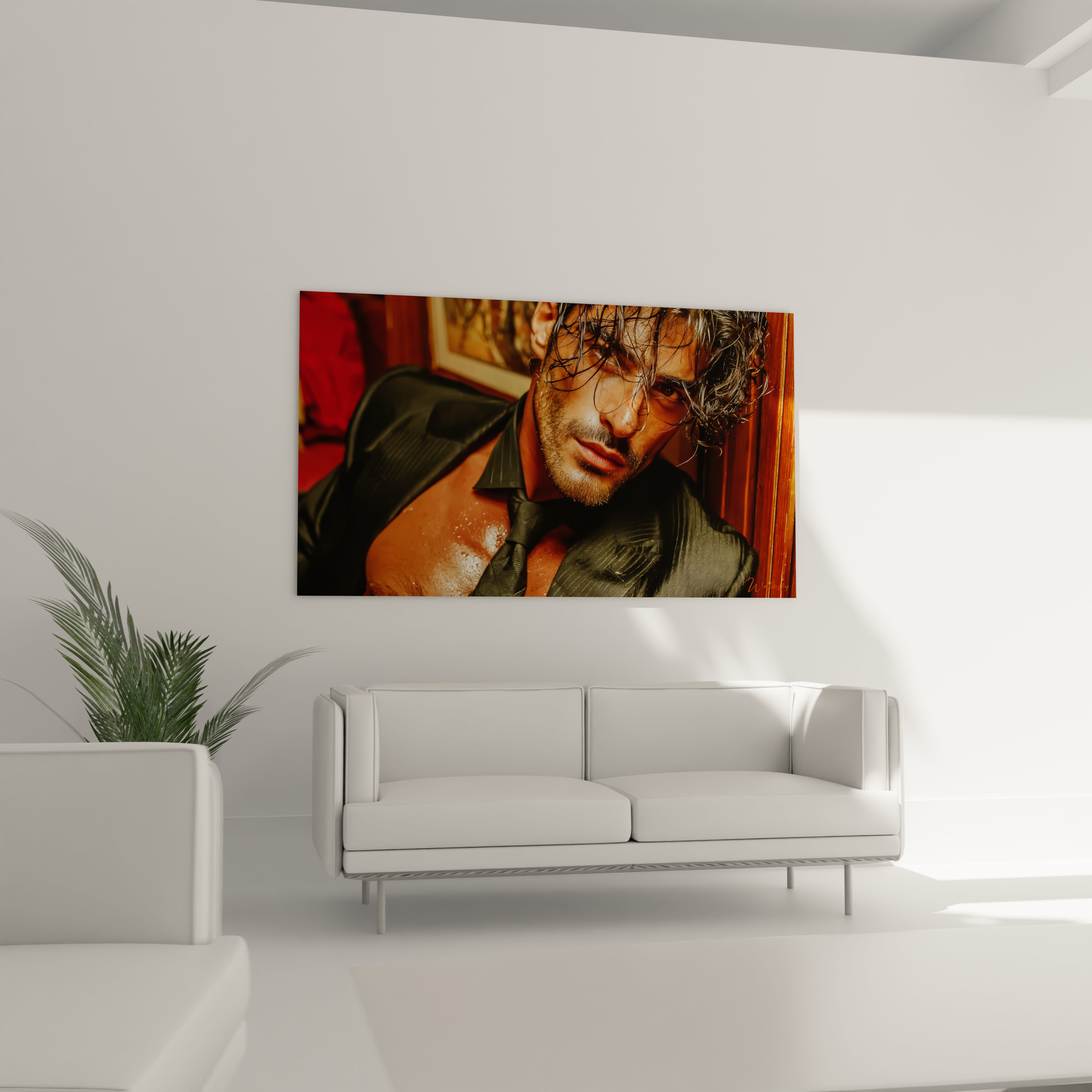 Tableau portrait masculin élégant de Walensky mettant en avant un homme en costume noir, idéal pour décoration intérieure
