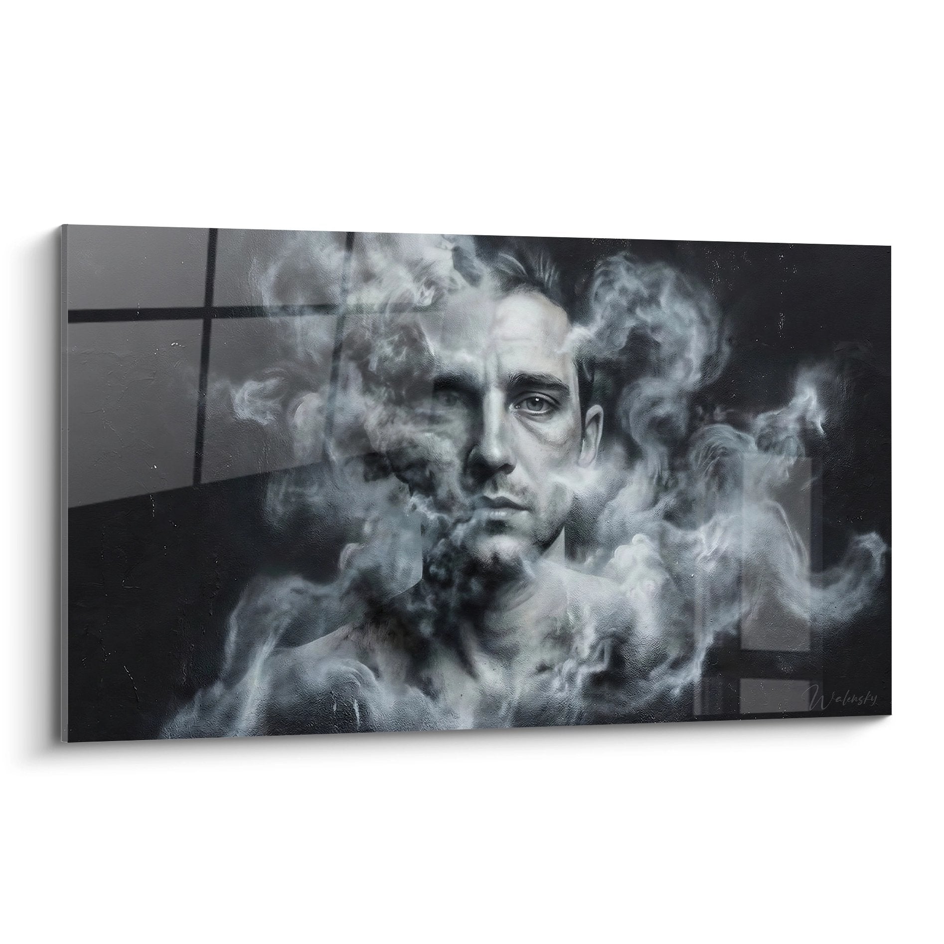 tableau mural portrait masculin enveloppe fumee grise blanche art urbain contemporain decoration moderne