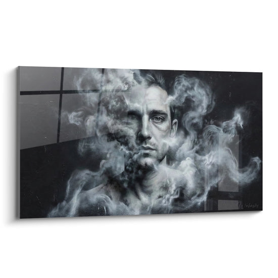 Schilderij mannelijk gezicht omringd door grijze en witte rook - Stedelijk Mysterie - Portret Street art editie