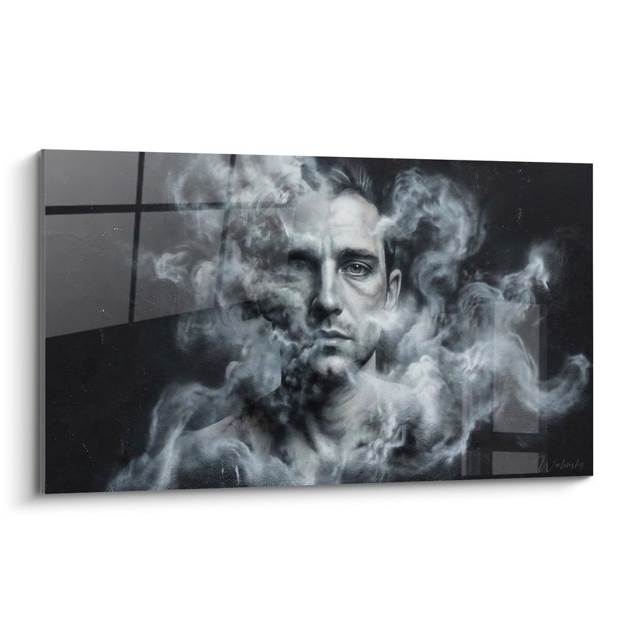 Tableau visage masculin entouré de fumée grise et blanche - Mystère urbain - Edition portrait Street art