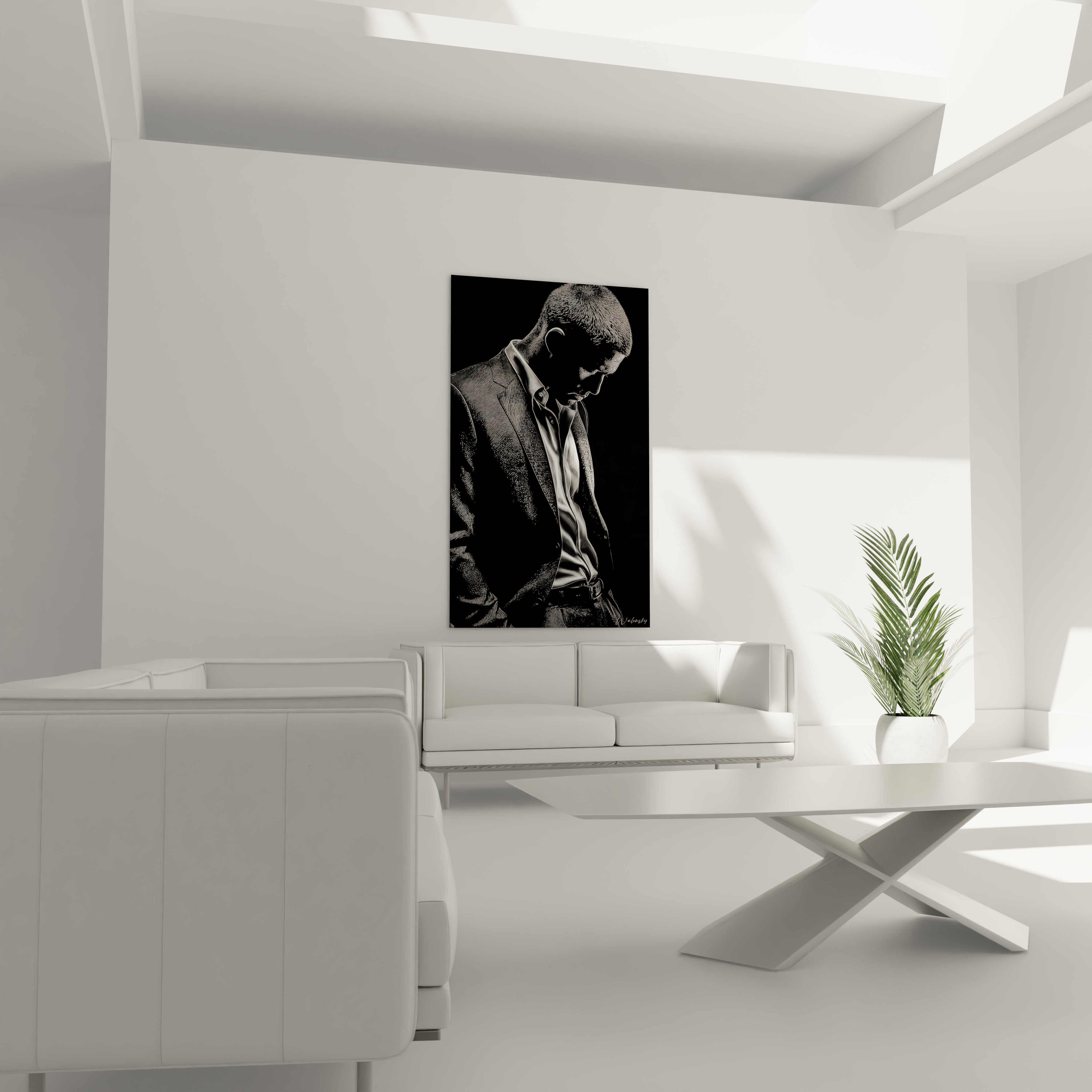 Tableau portrait masculin moderne de Walensky en noir et blanc dans un salon minimaliste