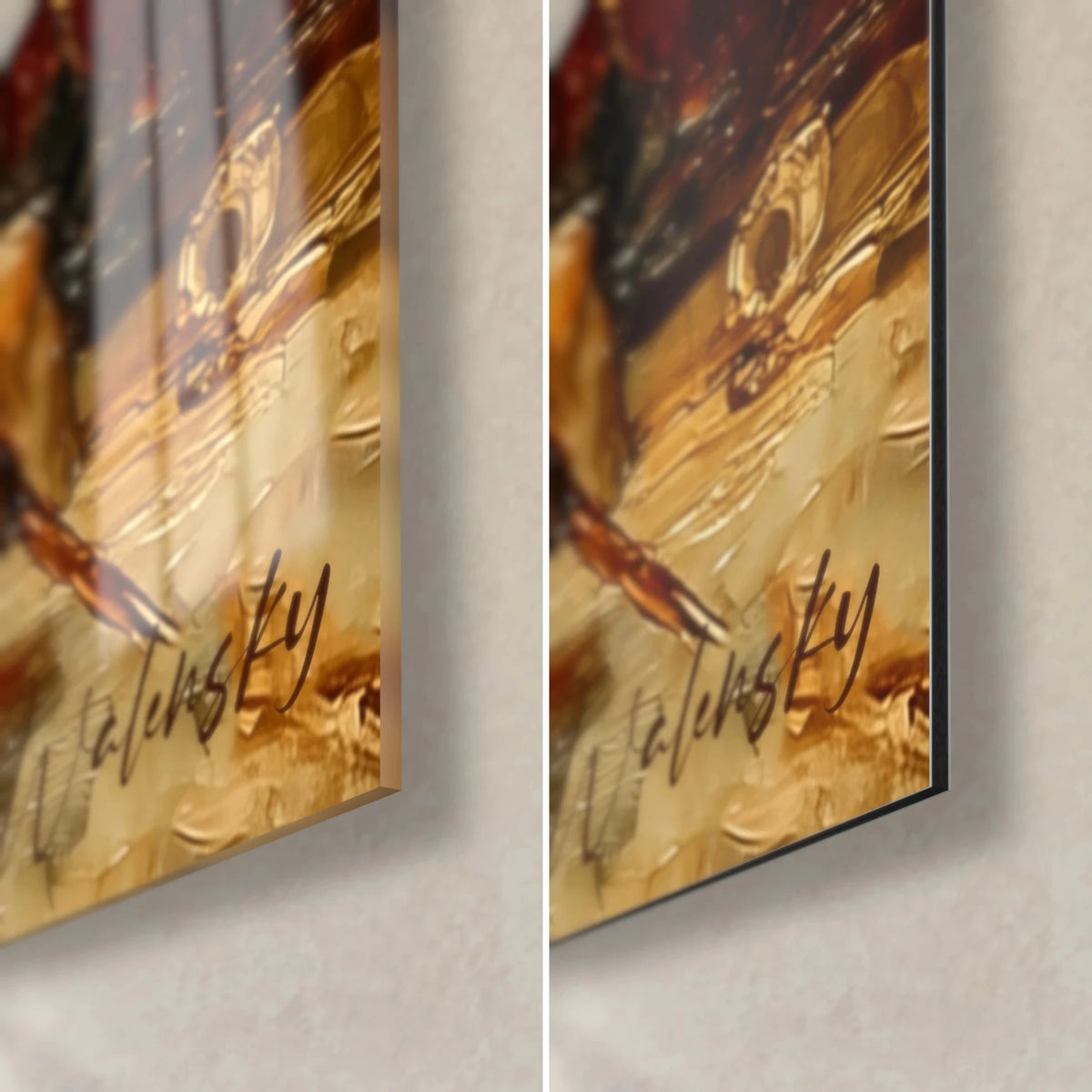 Gemälde weiße Gänsefeder und Tinte, untere rechte Ecke, goldene Signatur, glänzendes Acrylglas links, mattes Dibond rechts