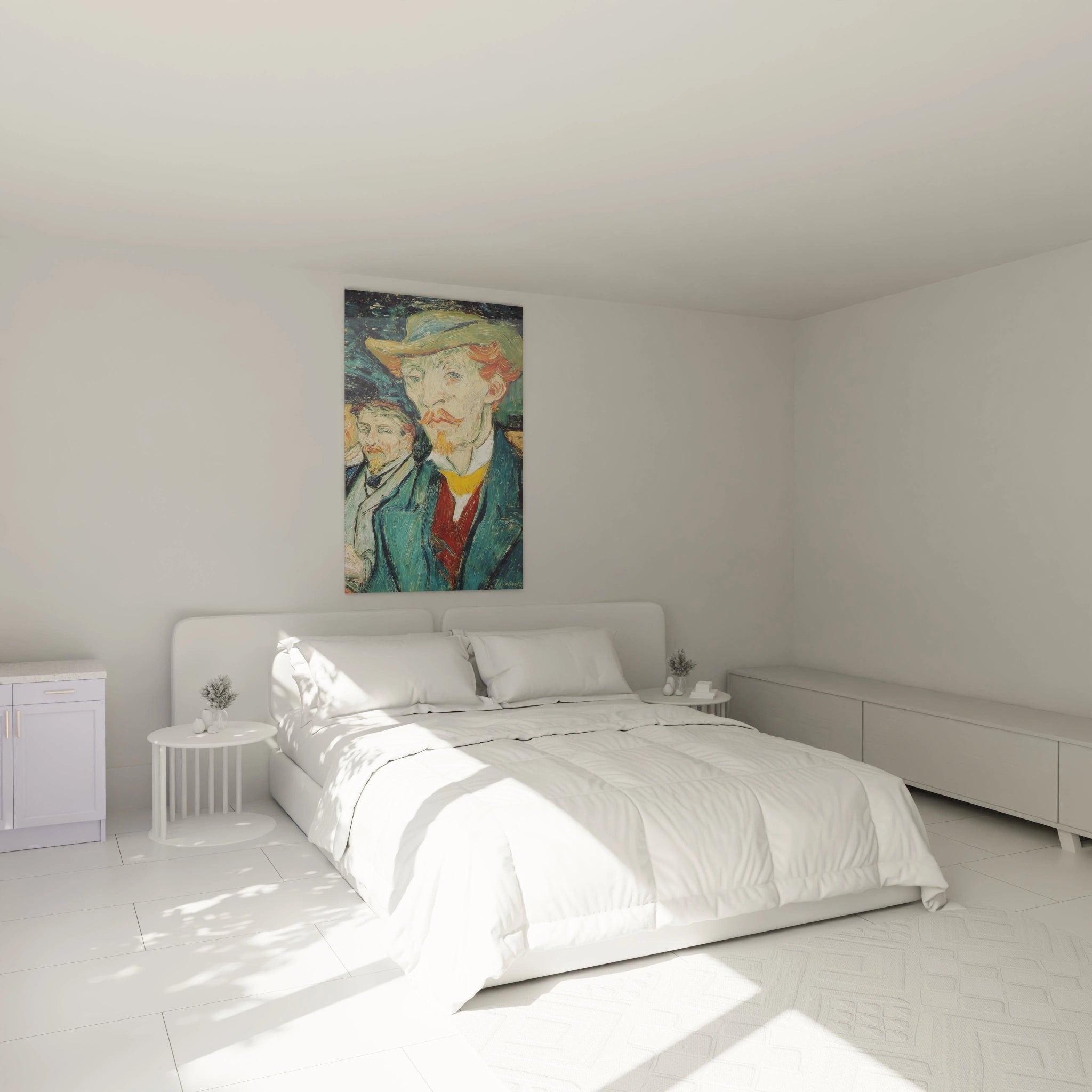 Chambre minimaliste blanche avec lit double et tableau mélancolie post impressionnisme de Walensky au dessus du lit