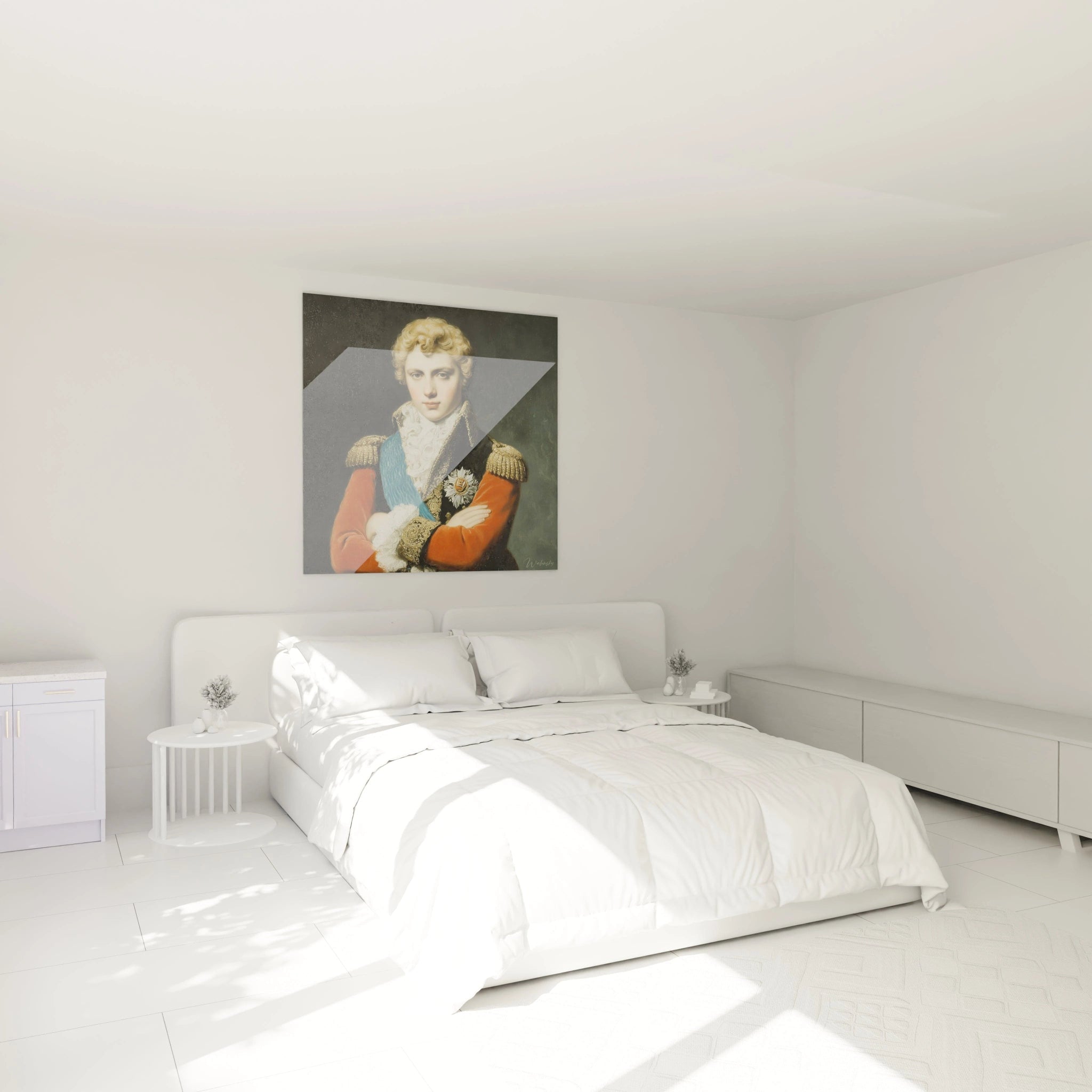 tableau portrait militaire néo classique Walensky accroché au dessus d un lit blanc minimaliste dans une chambre lumineuse