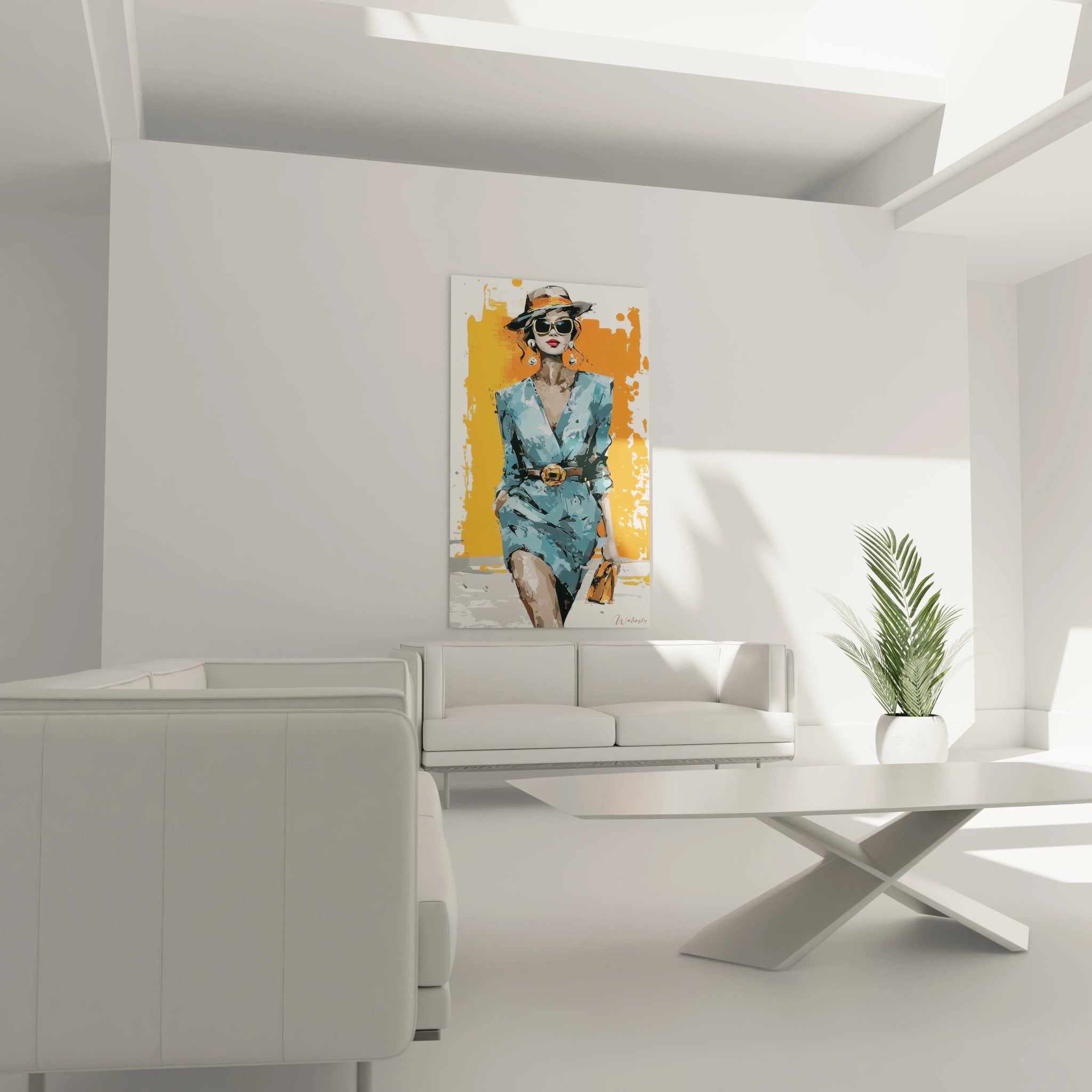 Tableau illustration mode de Walensky représentant une femme élégante dans un intérieur moderne