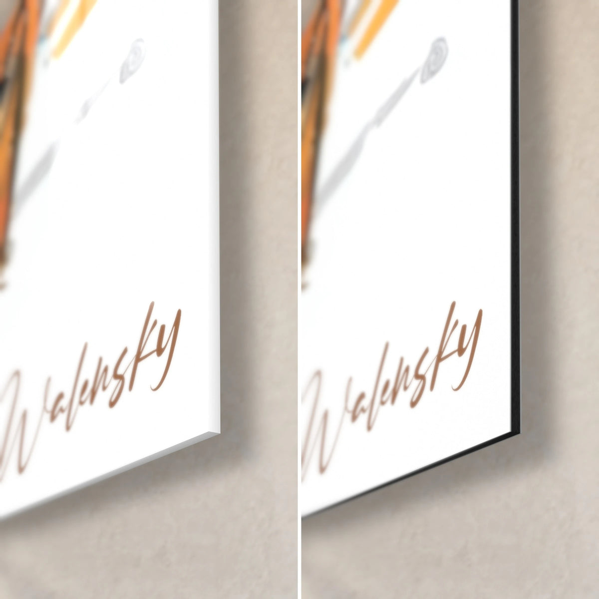 Wall art of a fashion silhouette in a blue dress, bottom right corner: glossy acrylic glass on the left, matte black Dibond on the right