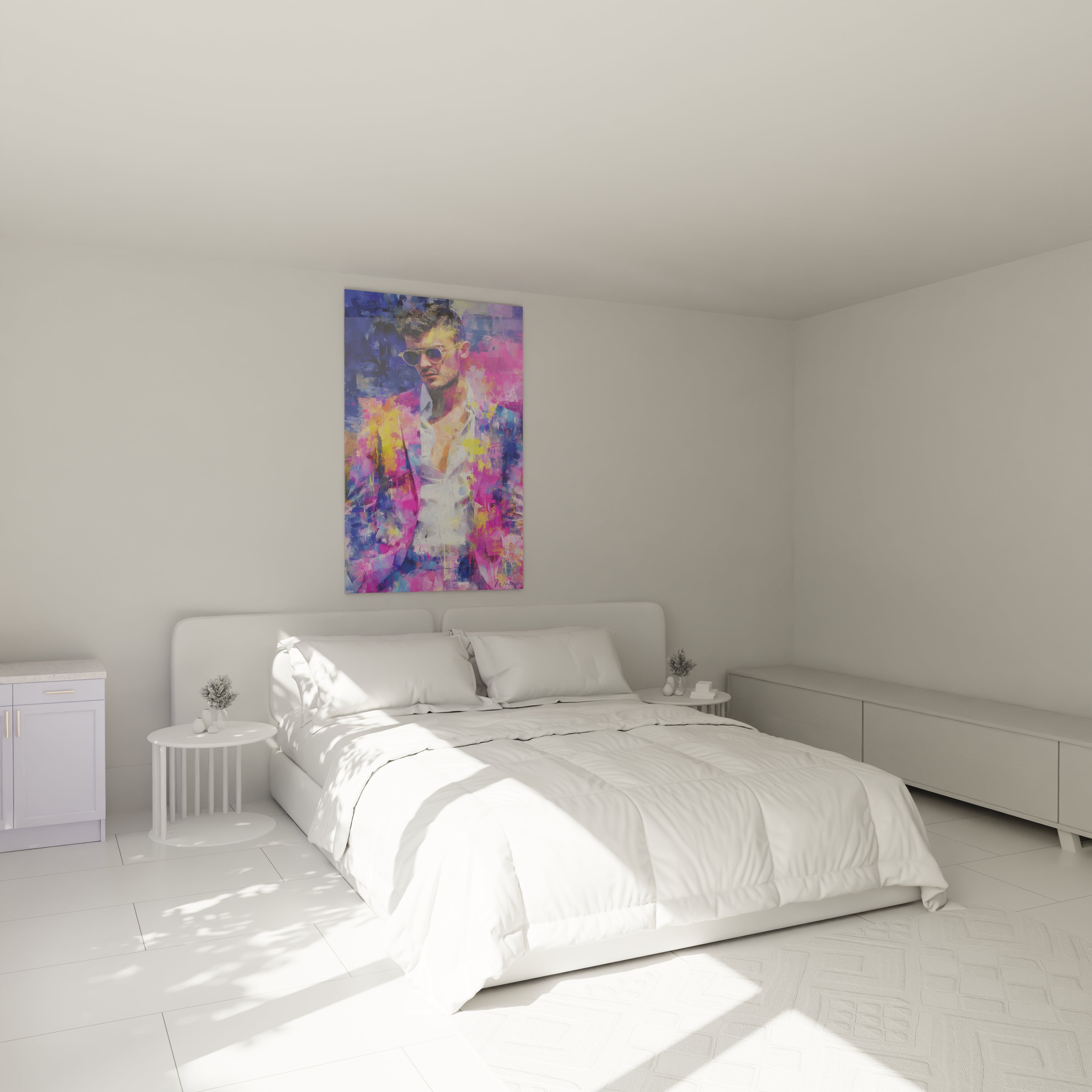 Tableau mural portrait mode vintage de Walensky accroché au-dessus d'un lit dans une chambre moderne
