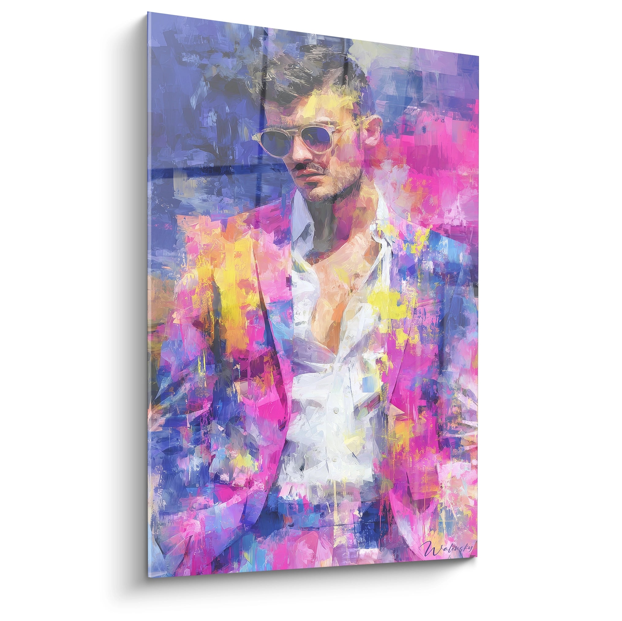 Tableau mural portrait mode vintage représentant un homme en costume coloré avec des lunettes de soleil