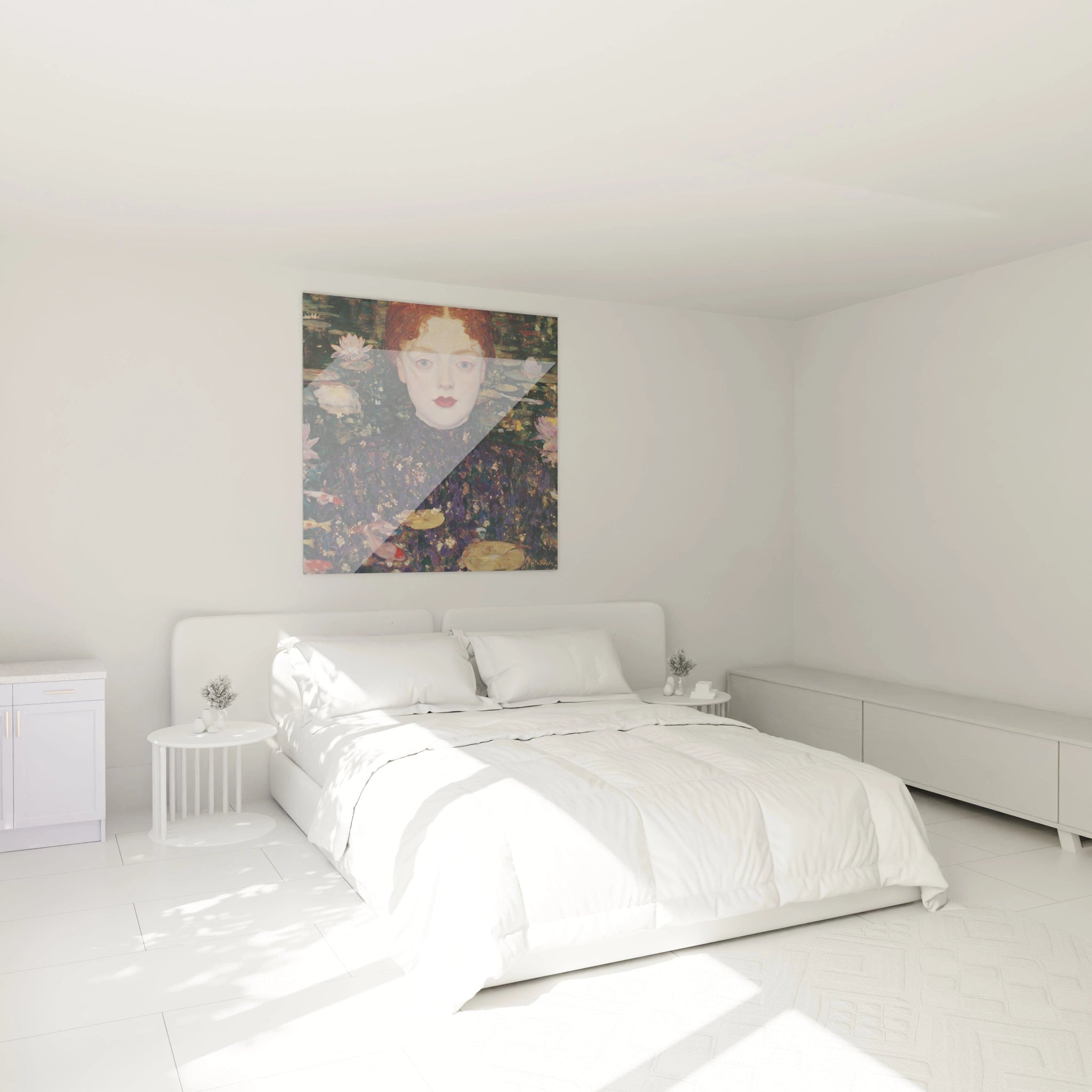 tableau symboliste nénuphars Walensky accroché au dessus d un lit blanc dans une chambre minimaliste et lumineuse