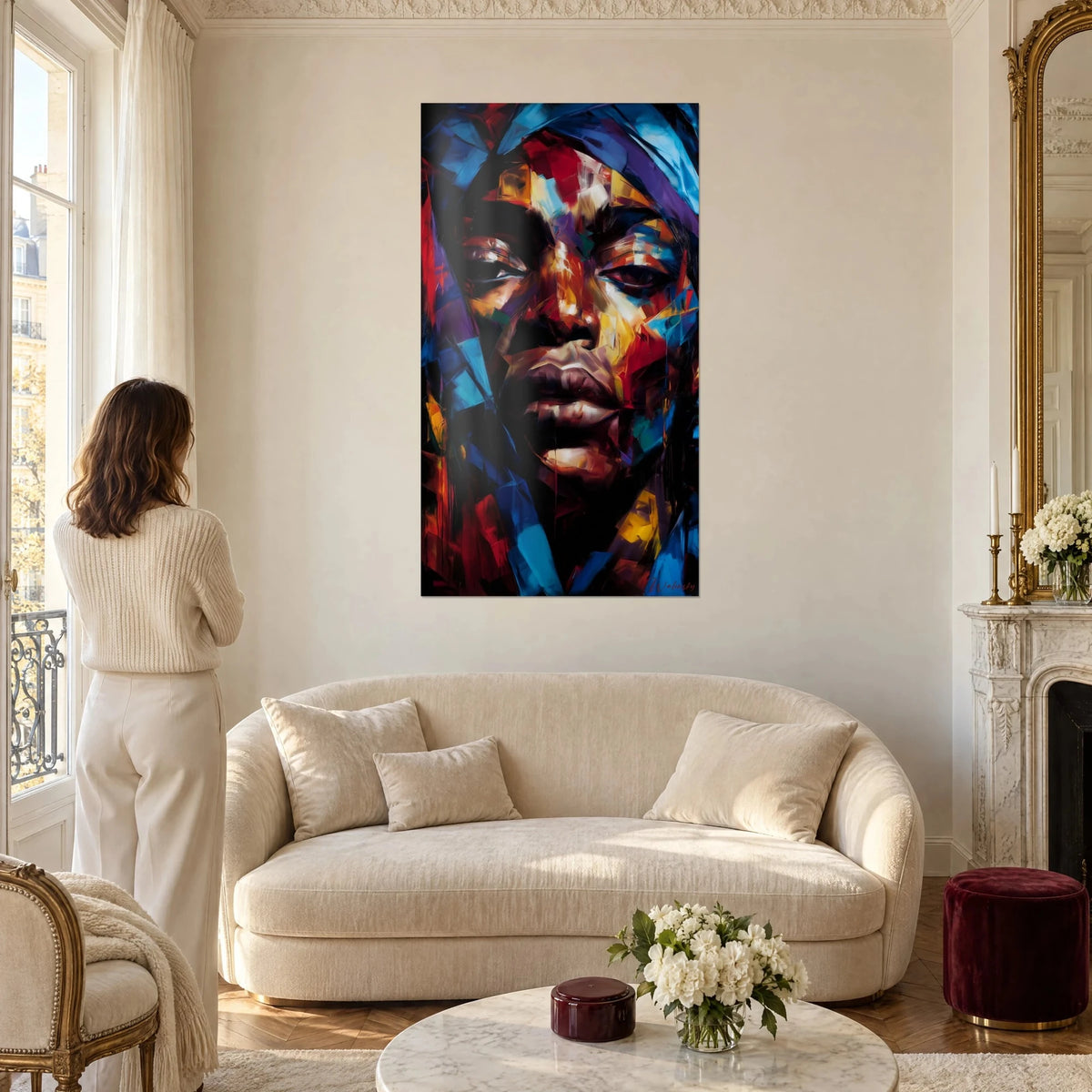 Gemälde afrikanisches Gesicht in roten und kobaltblauen Flächen, halb geschlossene Augen, über einem Sofa in einem hellen Wohnzimmer aufgehängt