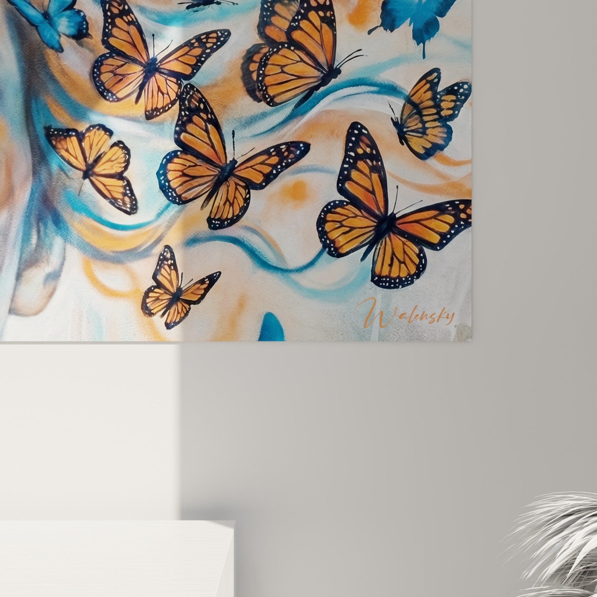 Vue ensemble tableau portrait street art femme papillons colorés orange bleu format panoramique art mural