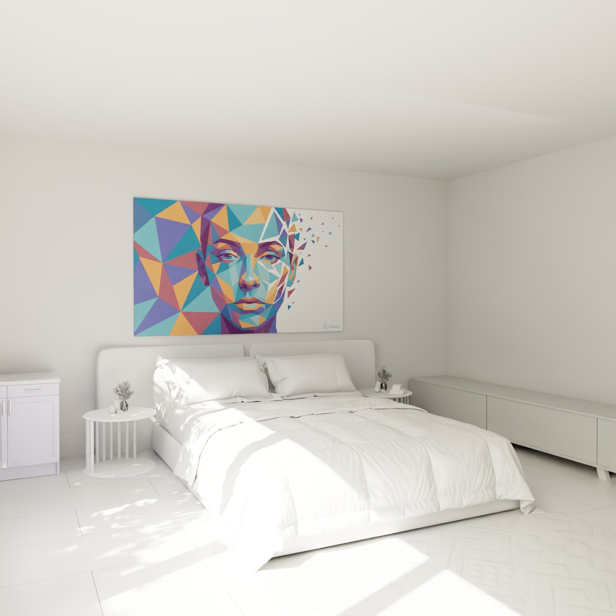 Tableau portrait geometrique bleu orange dans chambre moderne mur blanc decoration murale contemporaine