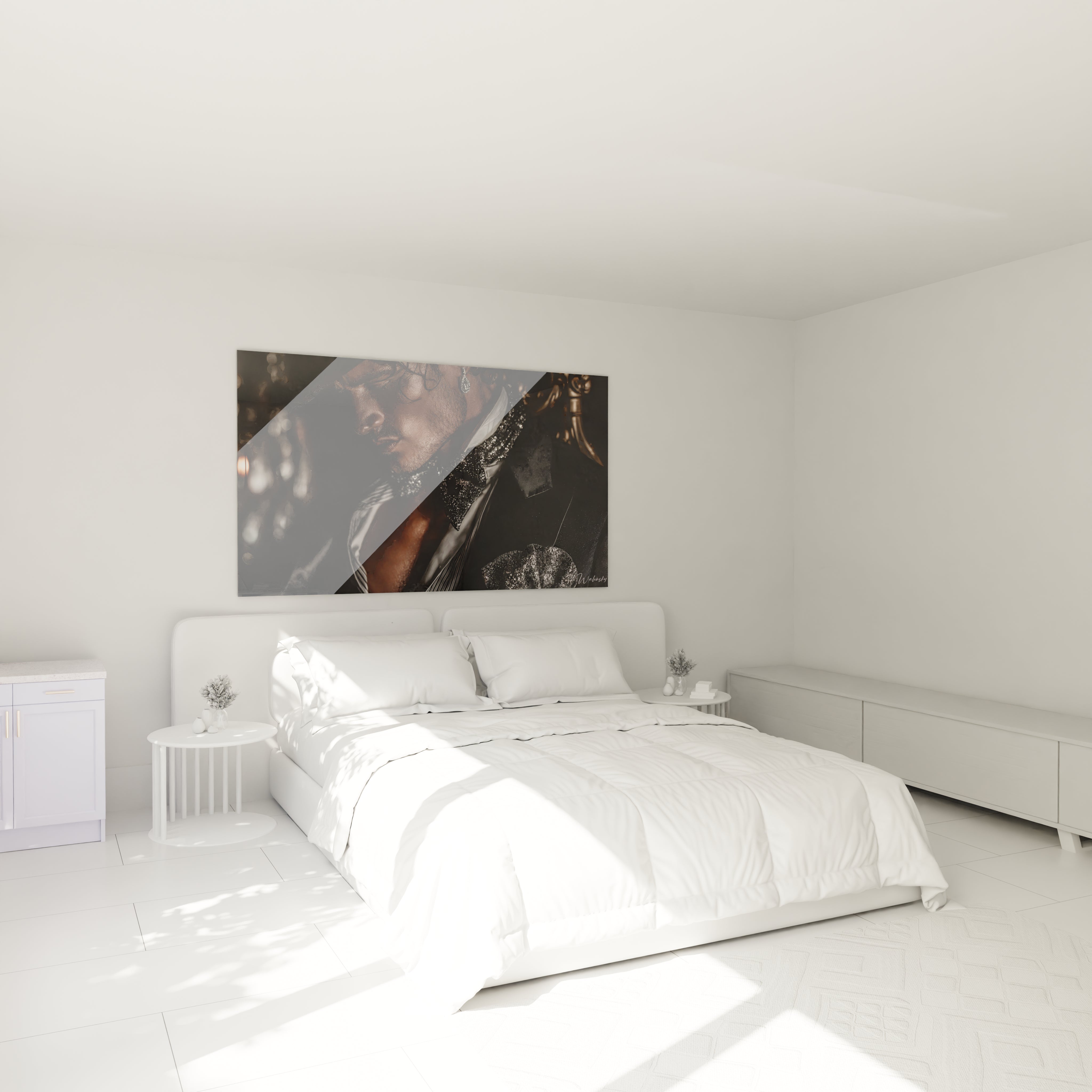 Tableau mural portrait raffiné homme dans une chambre moderne avec lit blanc