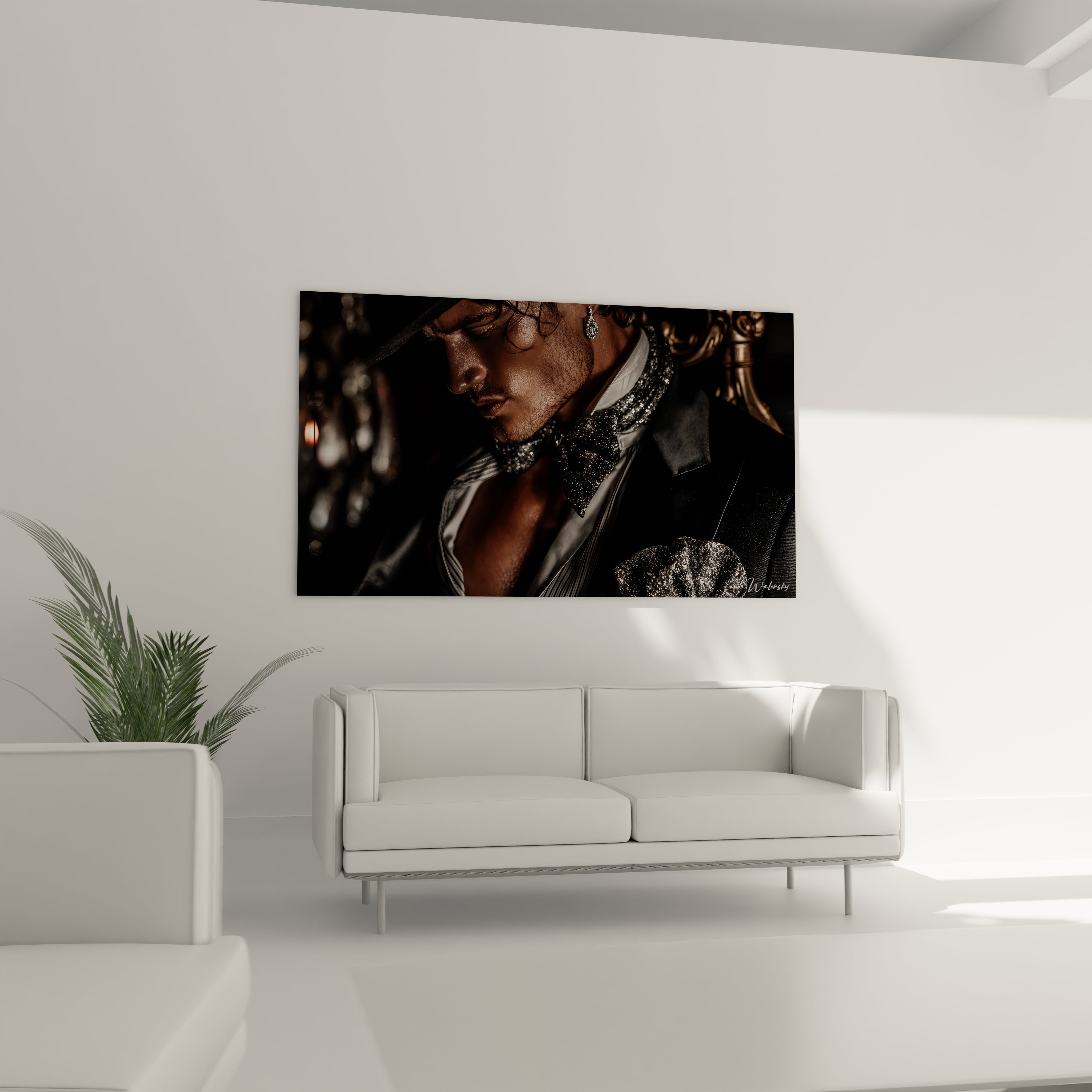 Tableau portrait raffiné homme sur un mur blanc au-dessus d'un canapé moderne
