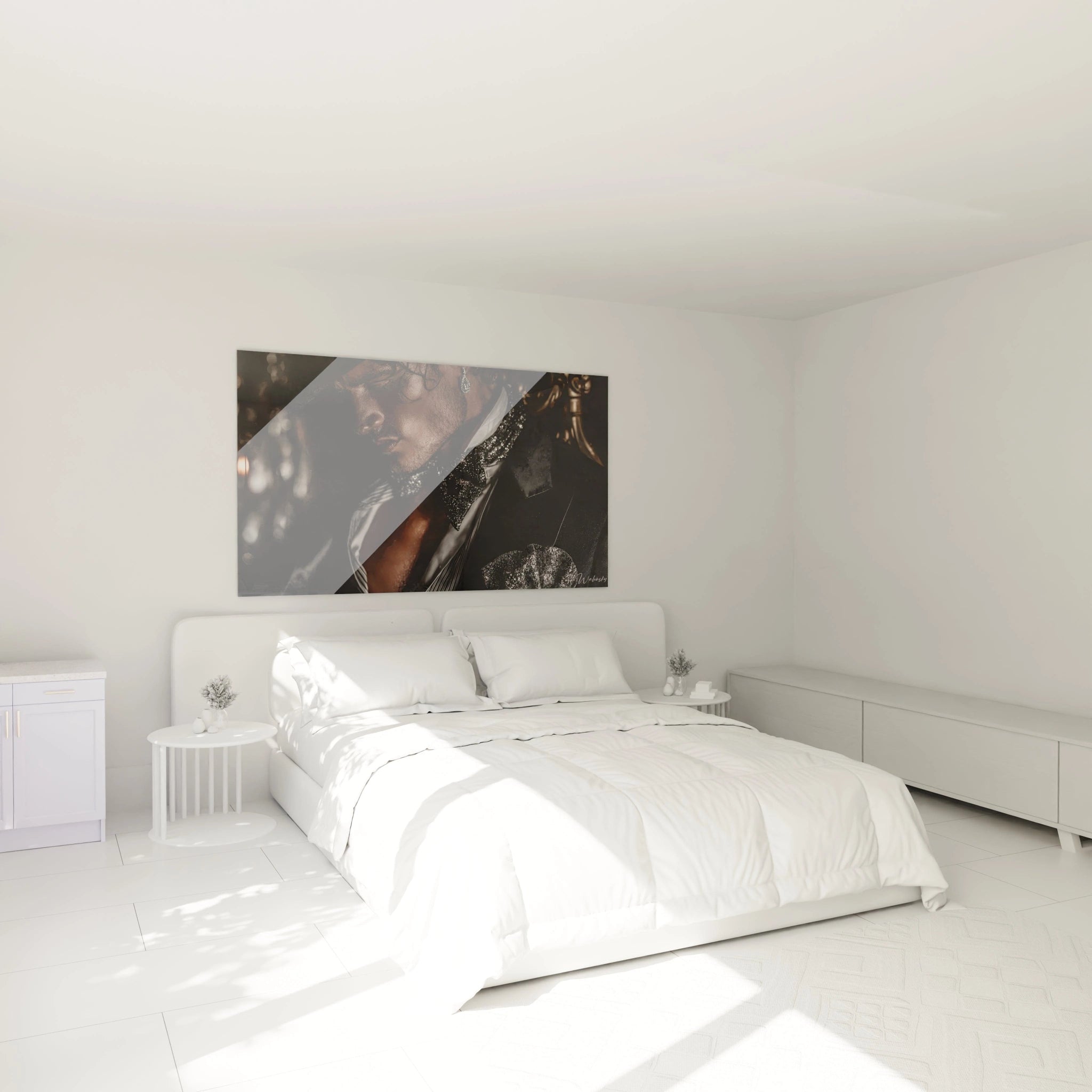 Tableau mural portrait raffiné homme dans une chambre moderne avec lit blanc