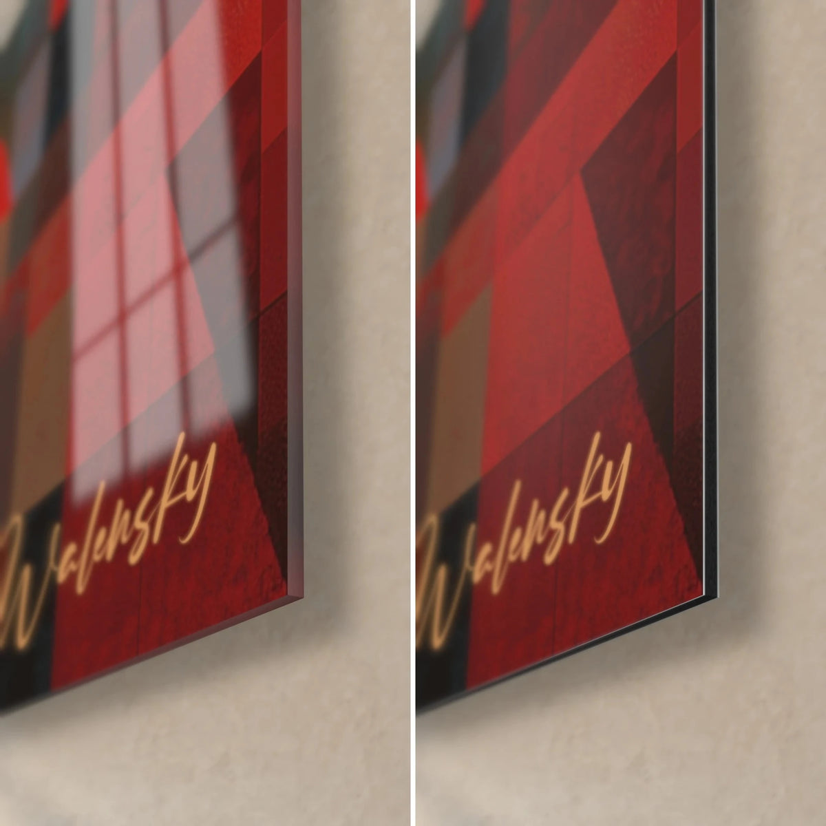 Wall art red and blue cubist portrait, bottom right corner, gold Walensky signature, glossy acrylic glass and matte Dibond, 3 mm edge