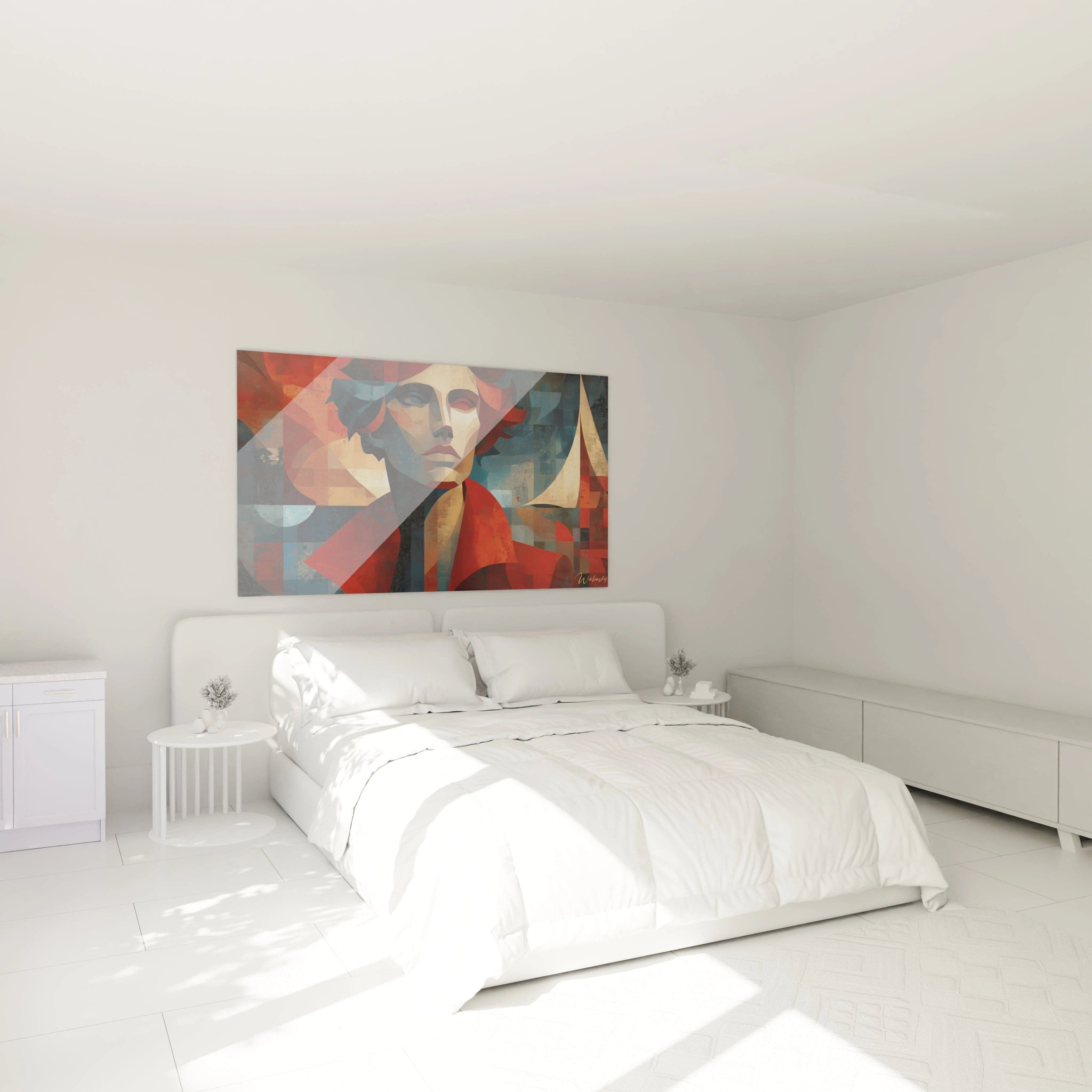 tableau portrait cubique Christophe Colomb tableau mural Walensky cubiste tons rouges et bleus accroche au dessus d un lit blanc