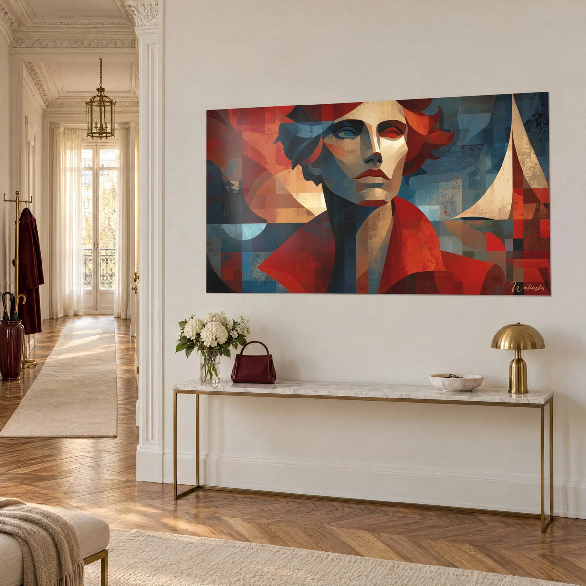 Wall art angular bust with carmine lips, mosaic of slate blue and burnt orange squares, cream veil, gilded console in a Haussmann-style hallway